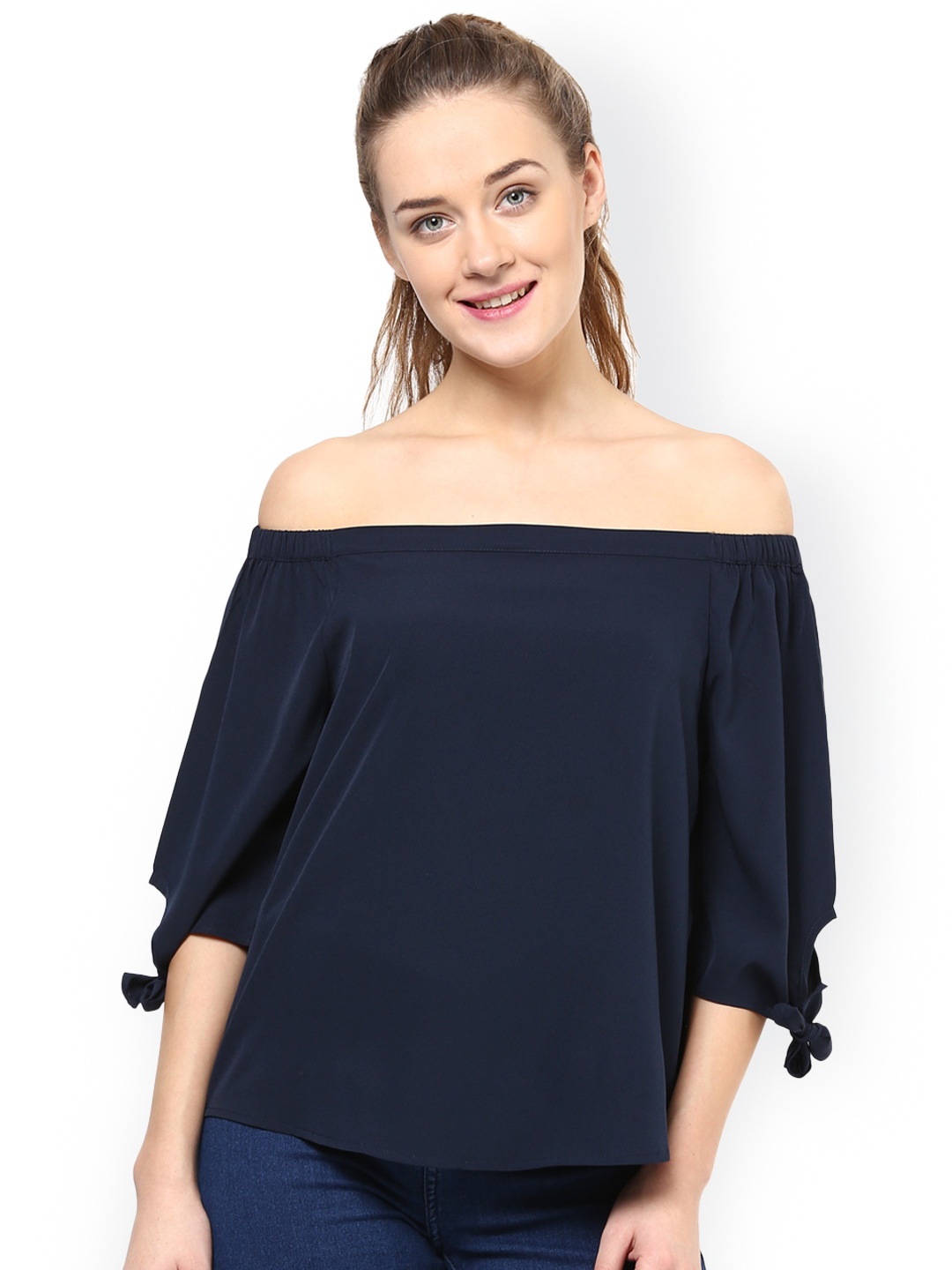 

Harpa Women Navy Solid Off-Shoulder Top, Navy blue