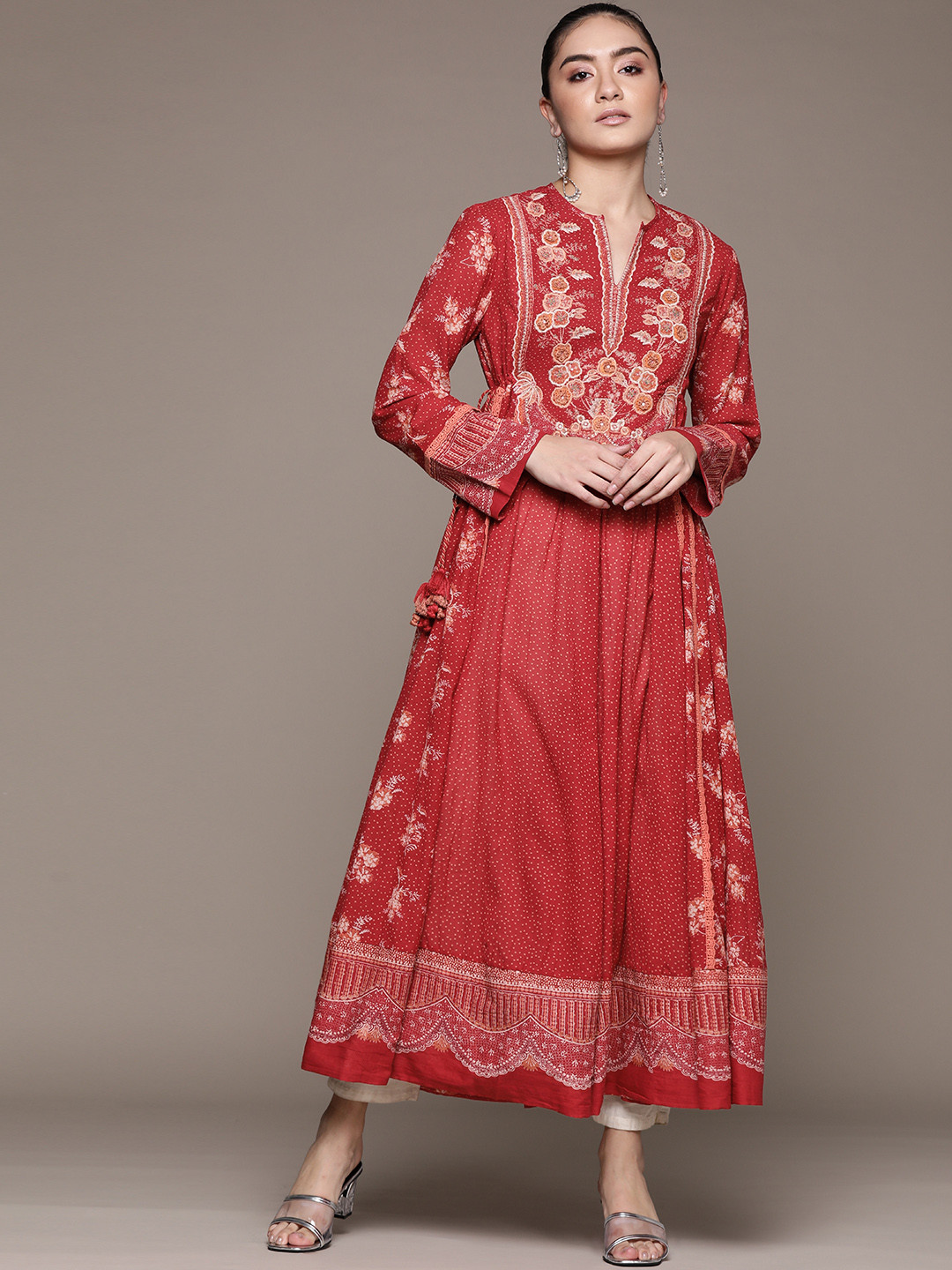 

Ritu Kumar Red & Orange Ethnic Motifs Ditsy Printed Thread Work Tie-Ups Anarkali Kurta
