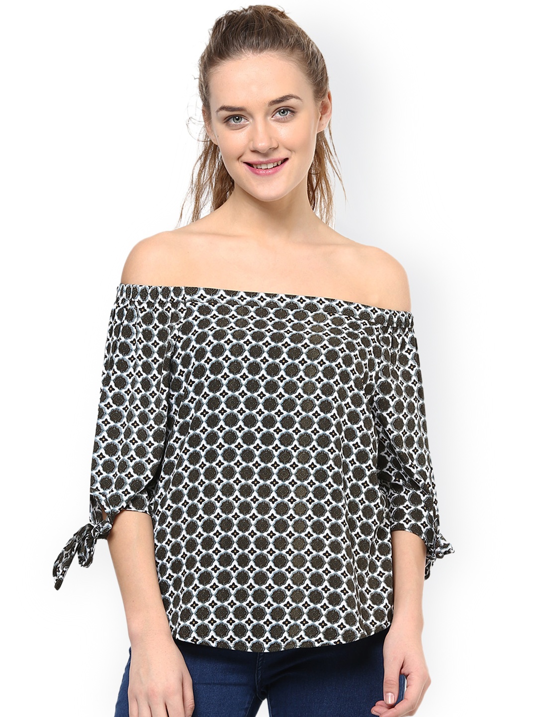 

Harpa Women Olive Green & White Printed Off-Shoulder Top