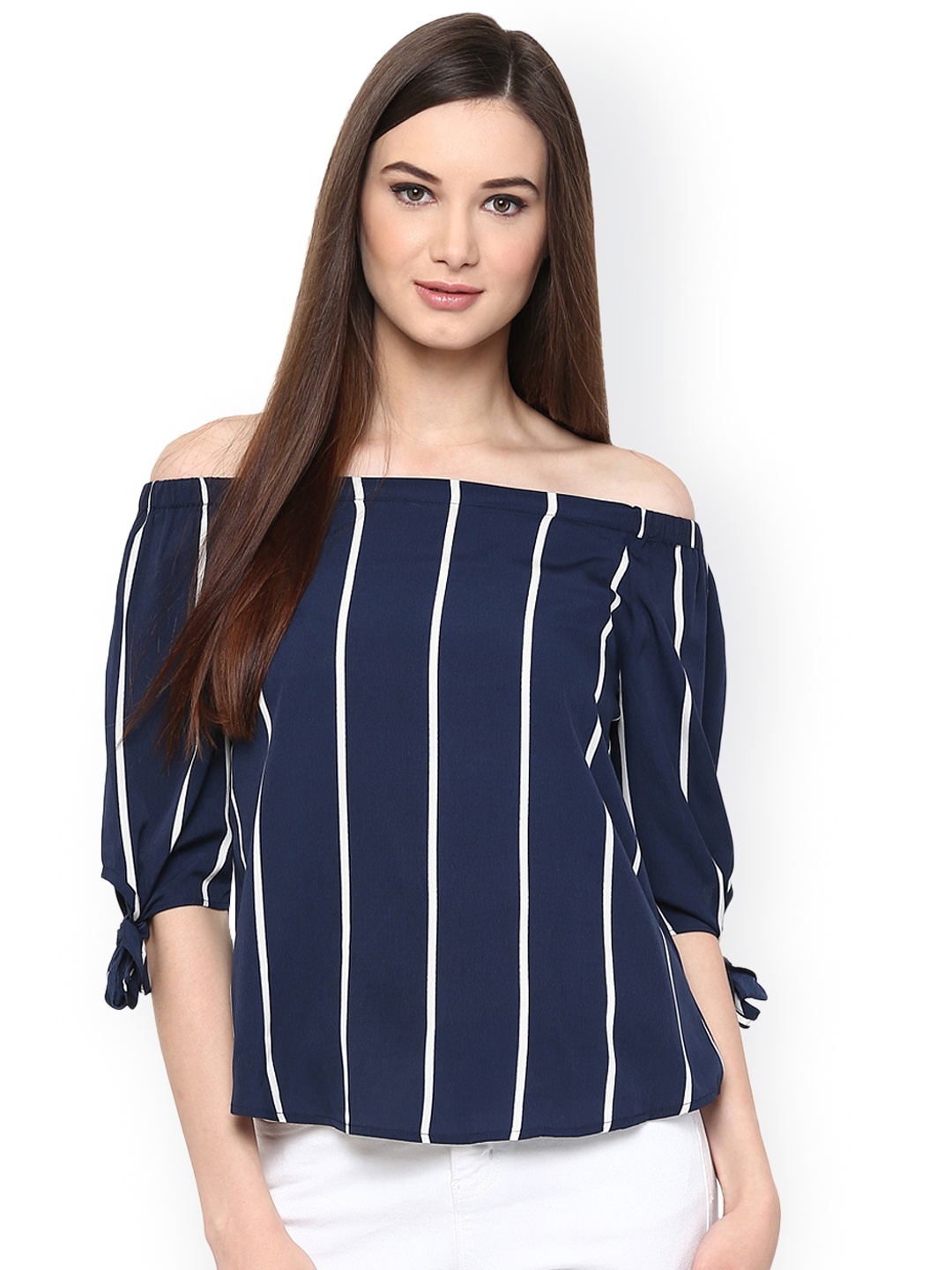 

Harpa Women Navy Striped Off-Shoulder Top, Navy blue