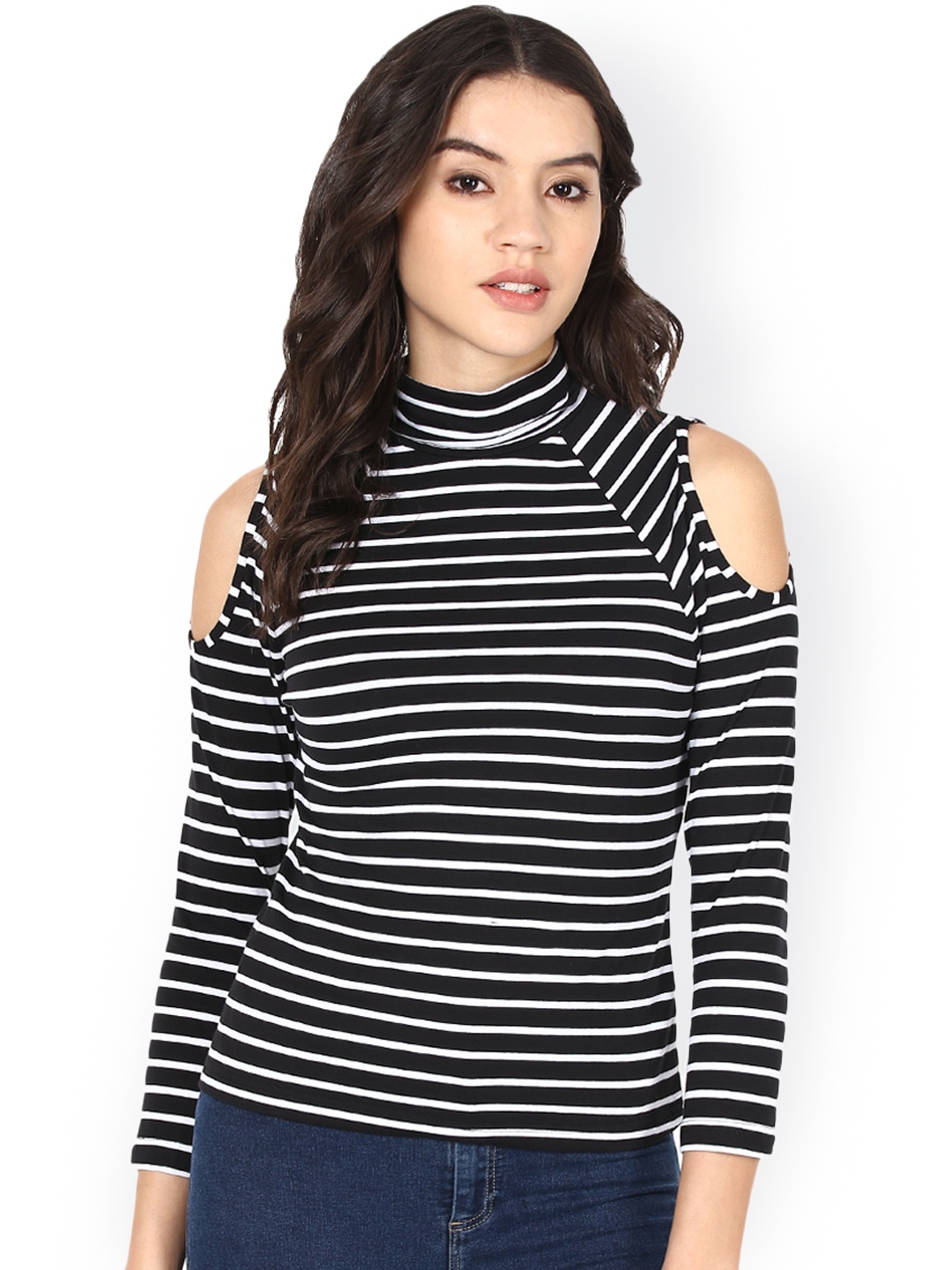 

Harpa Women Black & White Striped Cold Shoulder Top