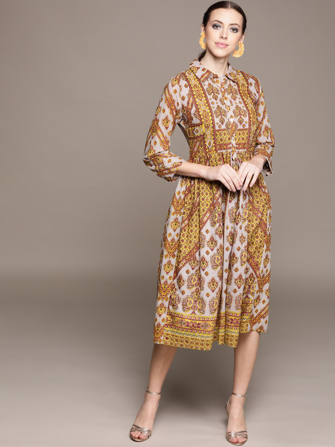 

aarke Ritu Kumar Grey & Mustard Yellow Ethnic Motifs Print Cotton Midi Shirt Dress