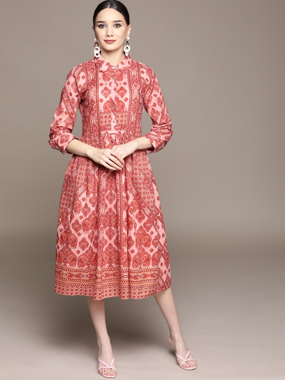 

aarke Ritu Kumar Pink & Orange Ethnic Motifs Print Cotton Shirt Midi Dress
