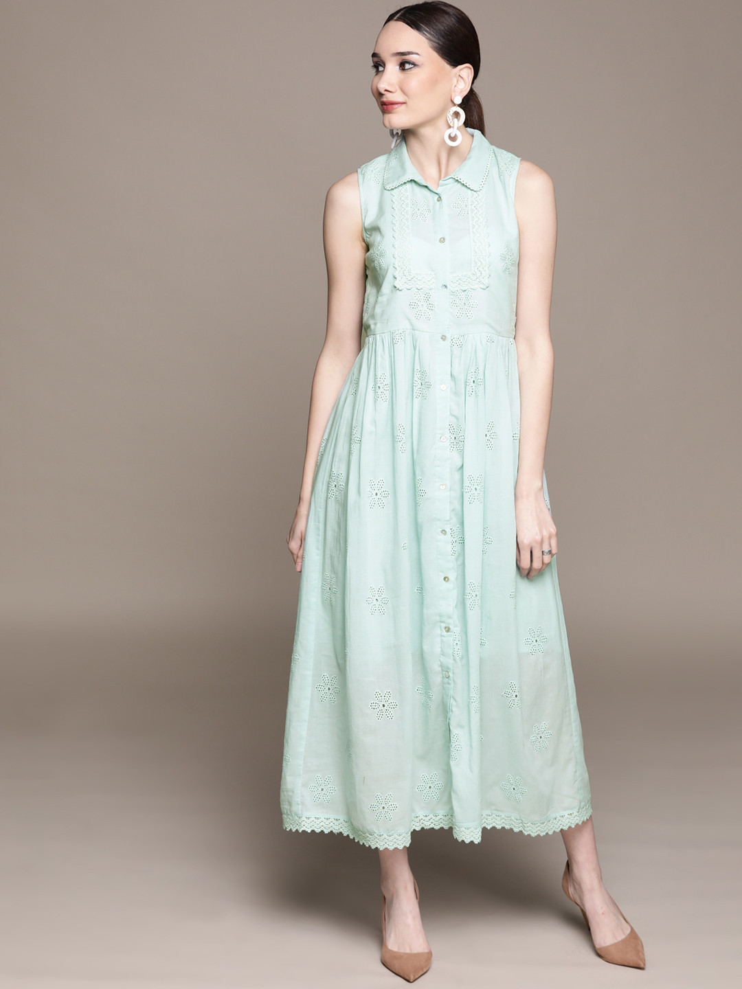 

aarke Ritu Kumar Blue Floral Schiffli Embroidered Lace Cotton Midi Fit & Flare Dress