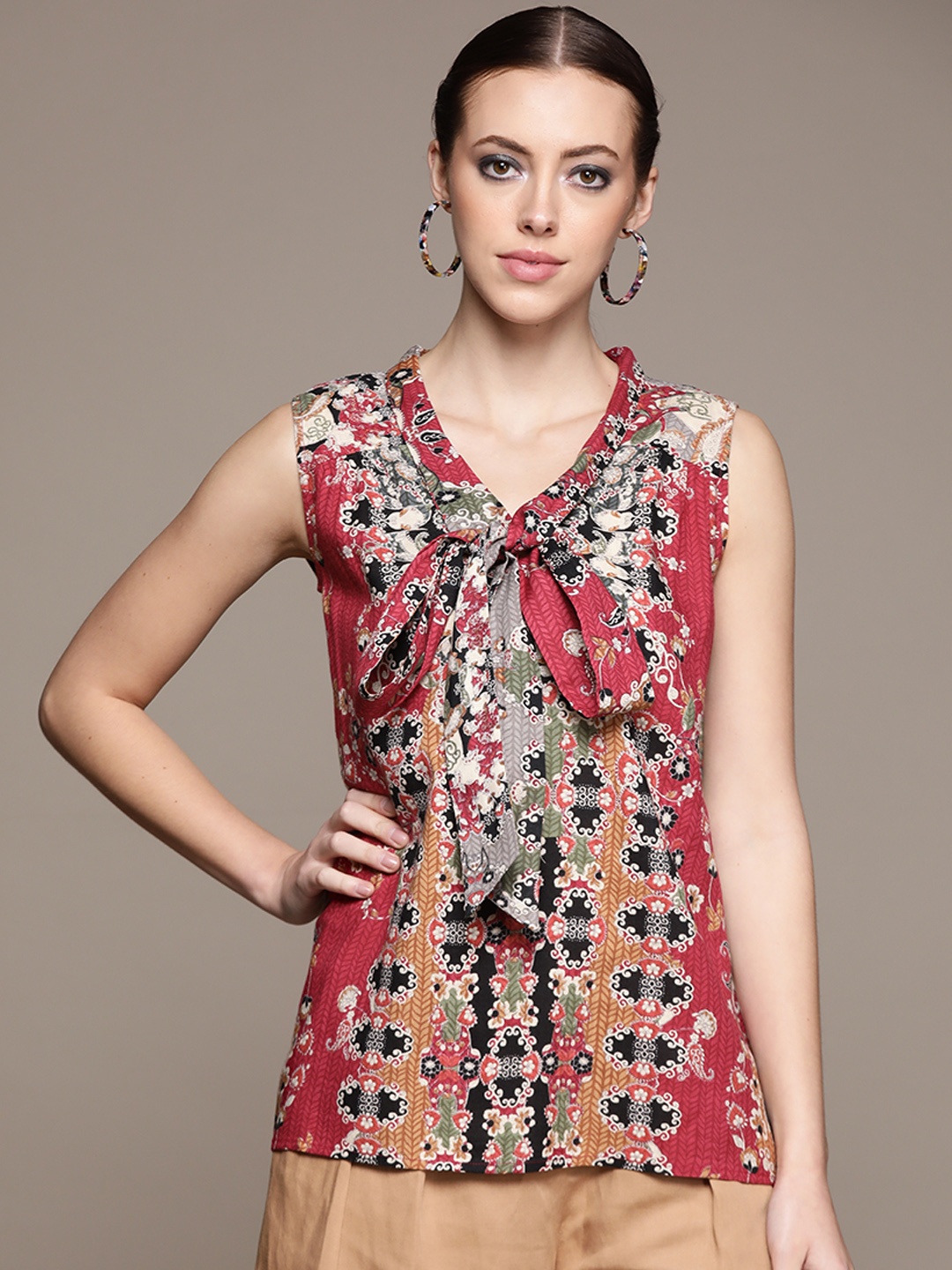 

aarke Ritu Kumar Red & Black Ethnic Motifs Print Tie-Up Neck Top