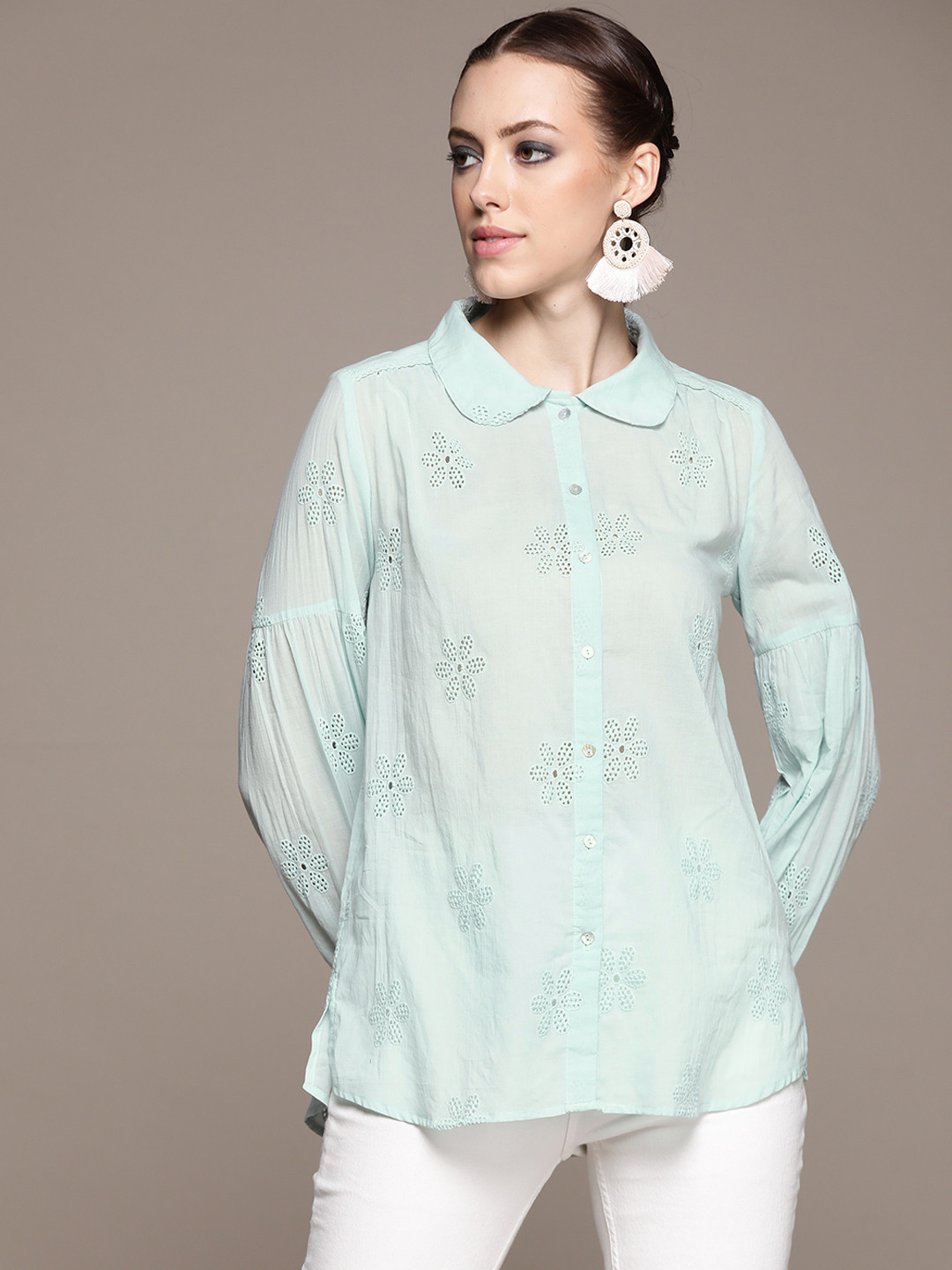 

aarke Ritu Kumar Women Floral Schiffli Embroidered Cotton Lace Inserts Longline Shirt, Blue