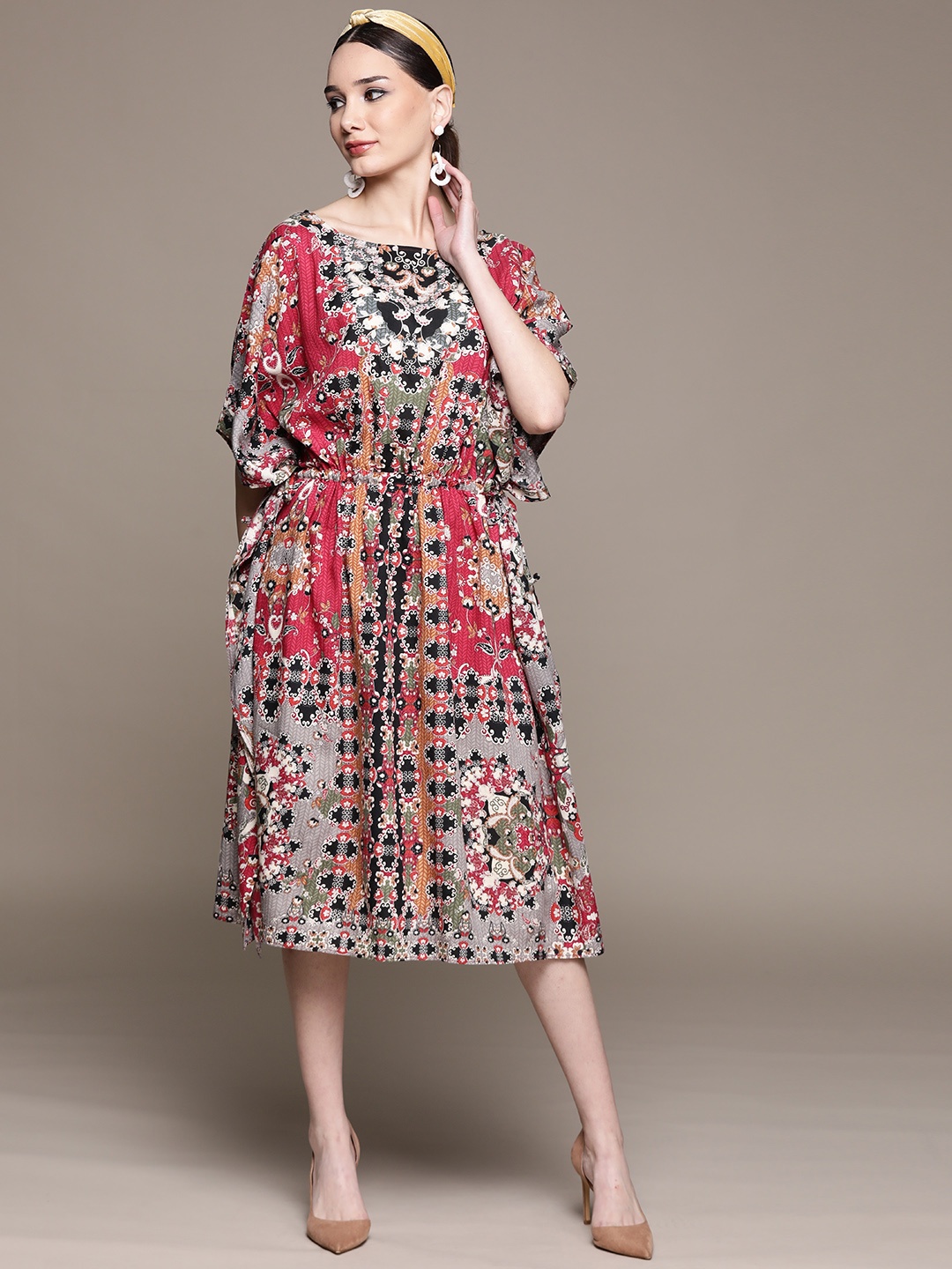 

aarke Ritu Kumar Red & Grey Ethnic Motifs Print Kaftan Midi Dress