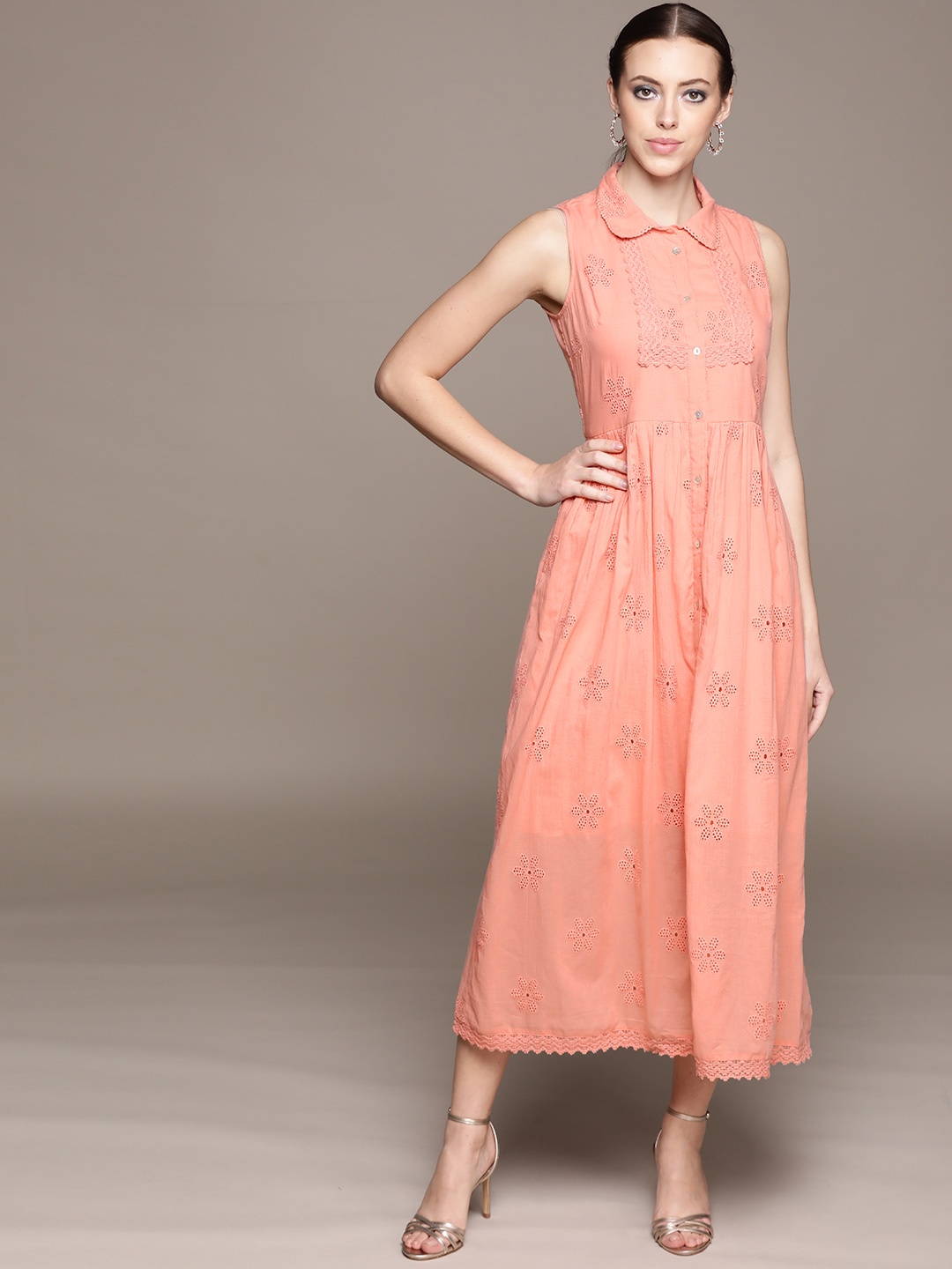 

aarke Ritu Kumar Peach-Coloured Floral Schiffli Embroidered Cotton Midi Fit & Flare Dress
