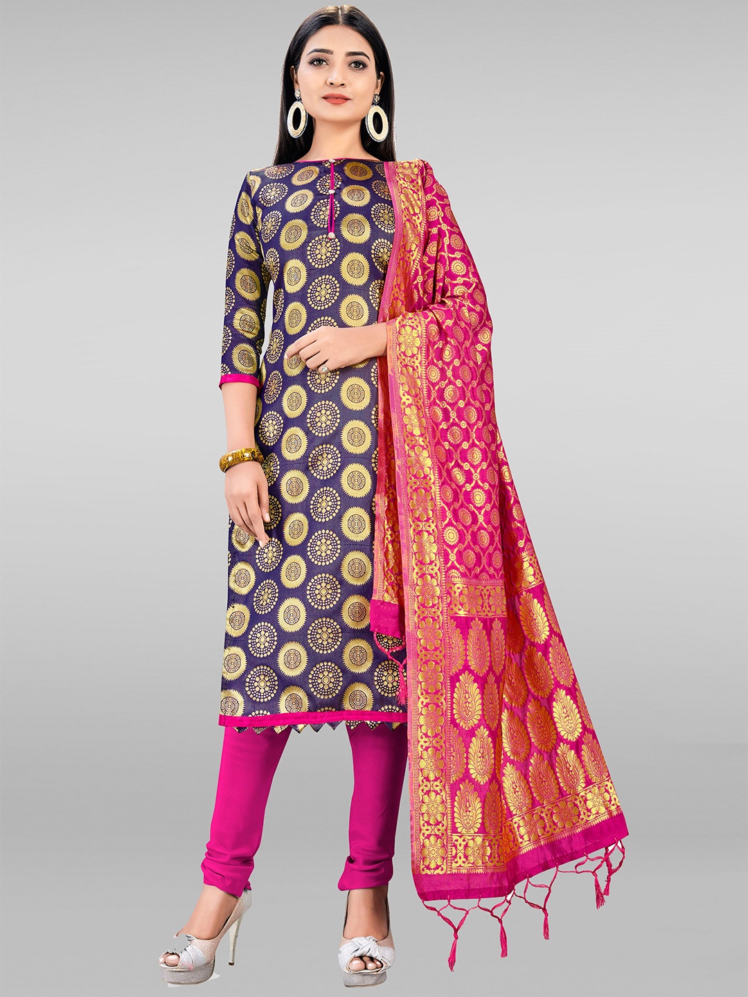 

Mitera Women Navy Blue & Magenta Unstitched Dress Material