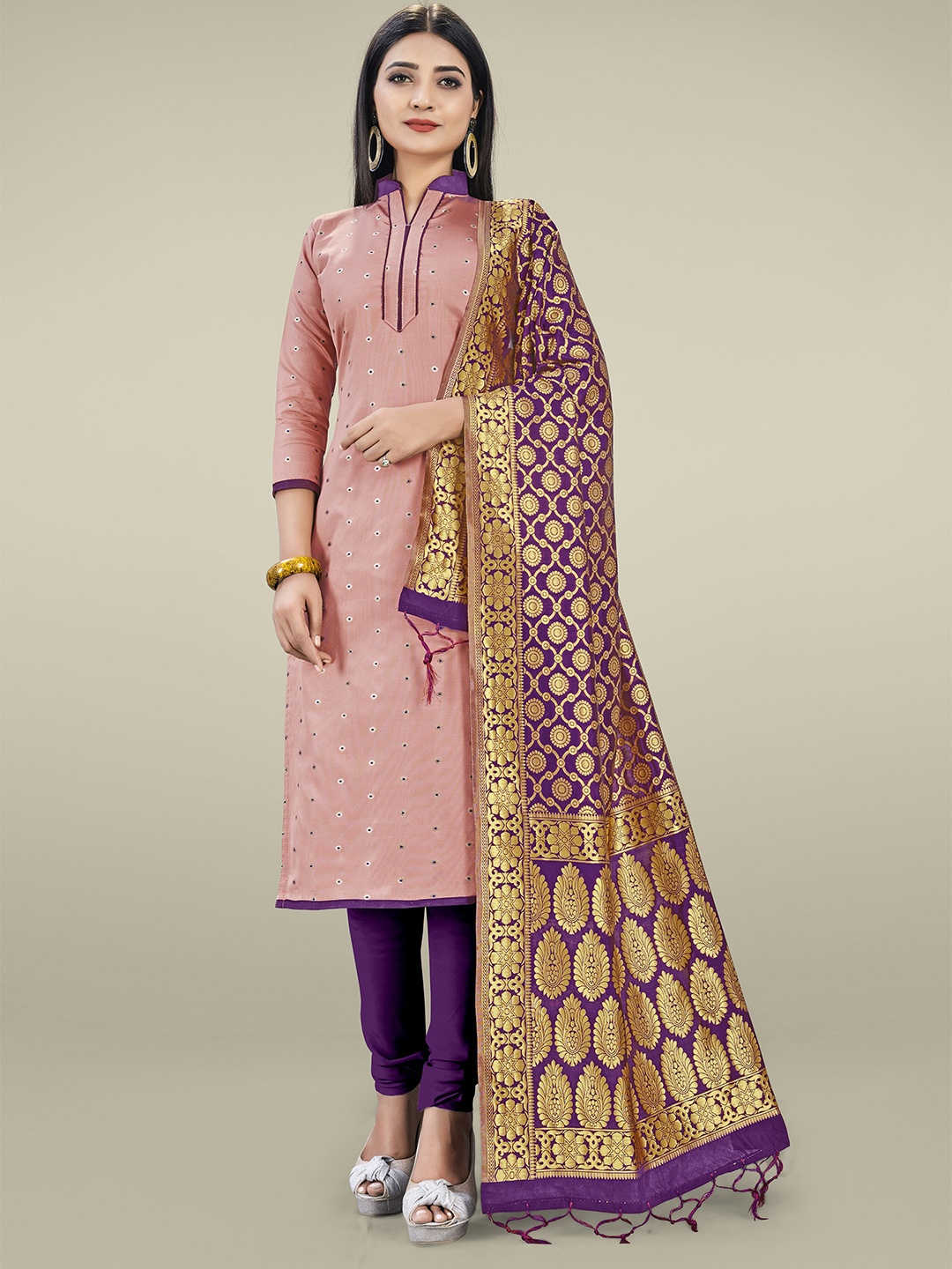 

Mitera Peach-Coloured & Gold-Toned Unstitched Dress Material