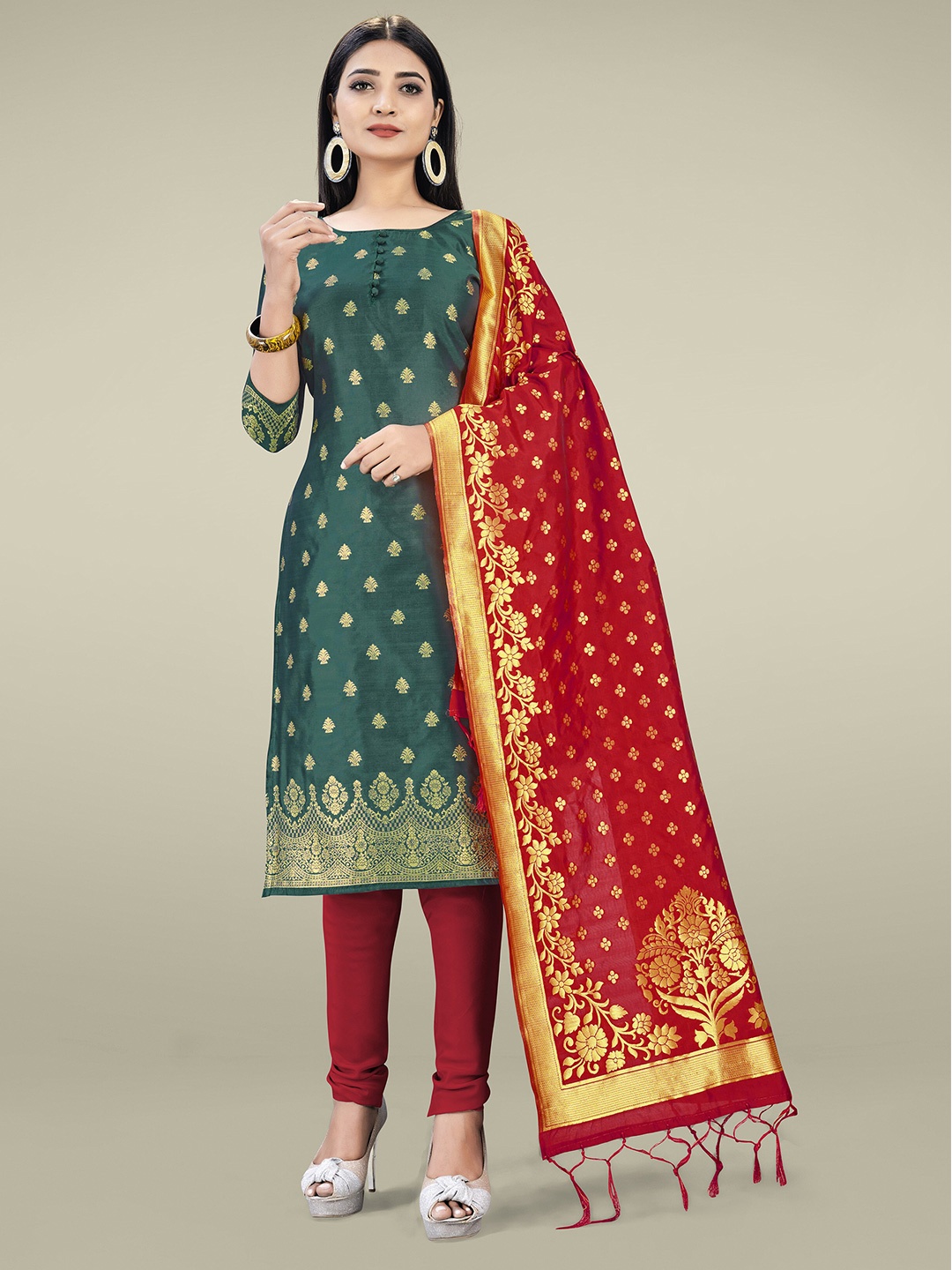 

Mitera Olive Green & Red Silk Blend Unstitched Dress Material