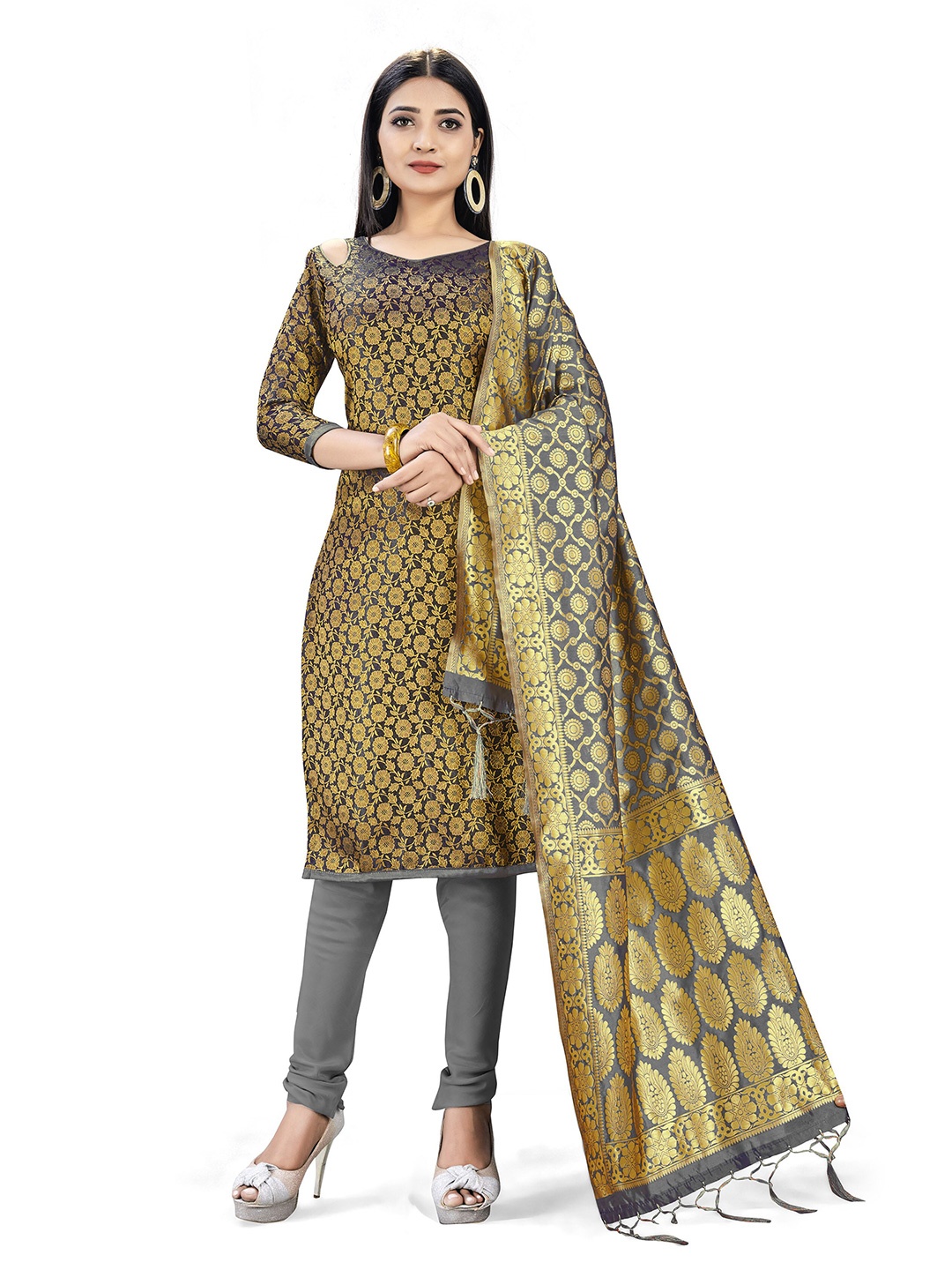 

Mitera Black & Gold-Toned Unstitched Dress Material