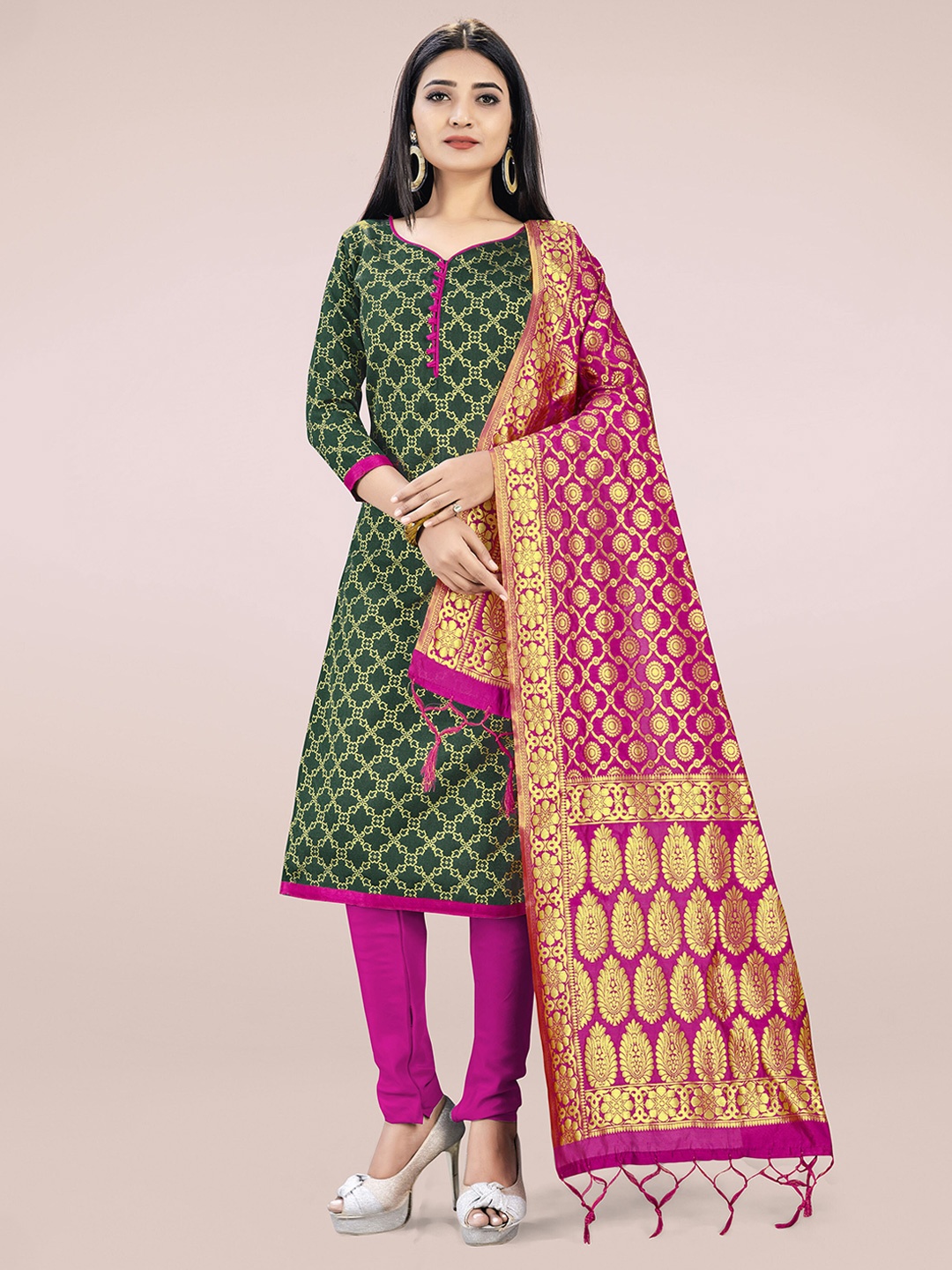 

Mitera Green & Pink Unstitched Dress Material