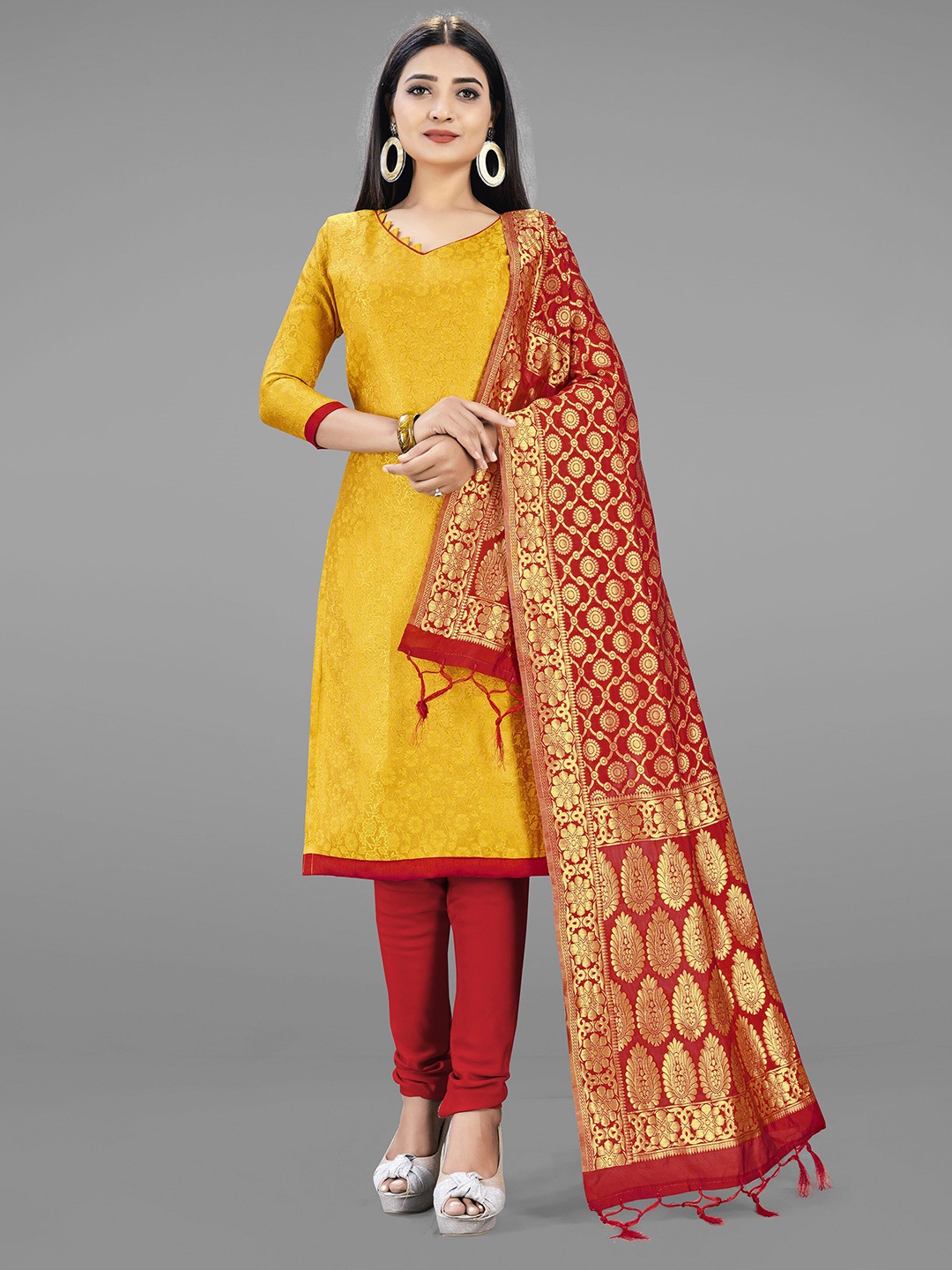 

Mitera Yellow & Red Unstitched Dress Material