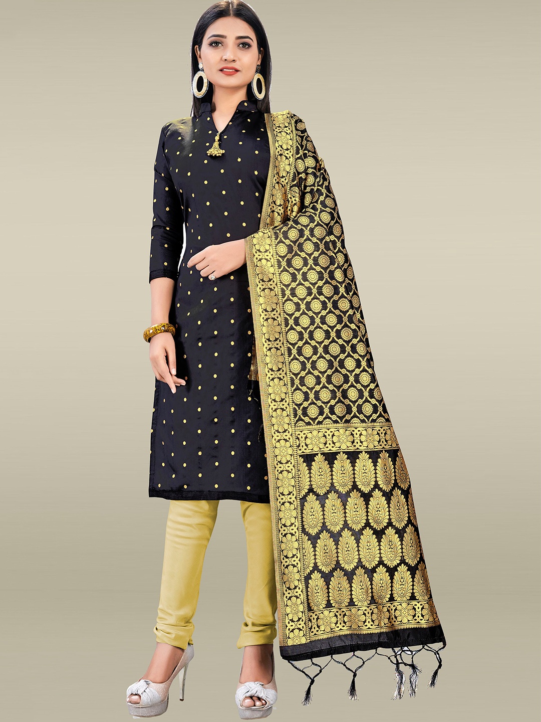 

Mitera Black & Gold-Toned Unstitched Dress Material