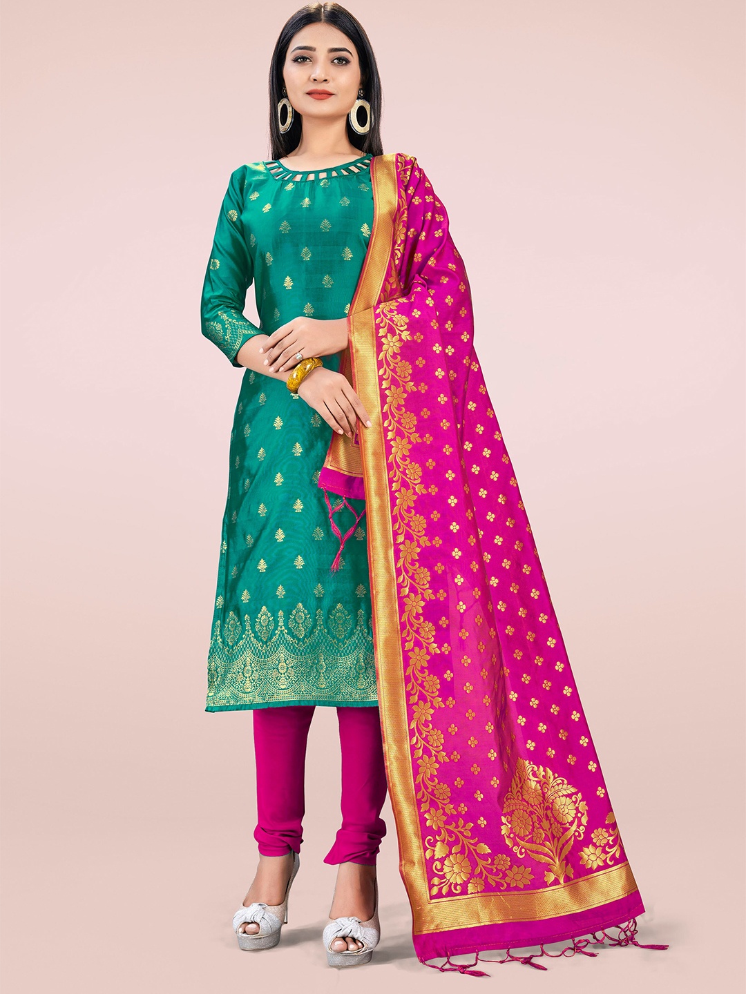 

Mitera Women Green & Pink Woven Design Unstitched Dress Material