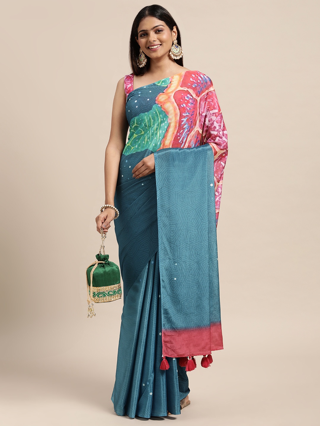 

Janasya Teal Blue & Pink Printed Poly Chiffon Saree