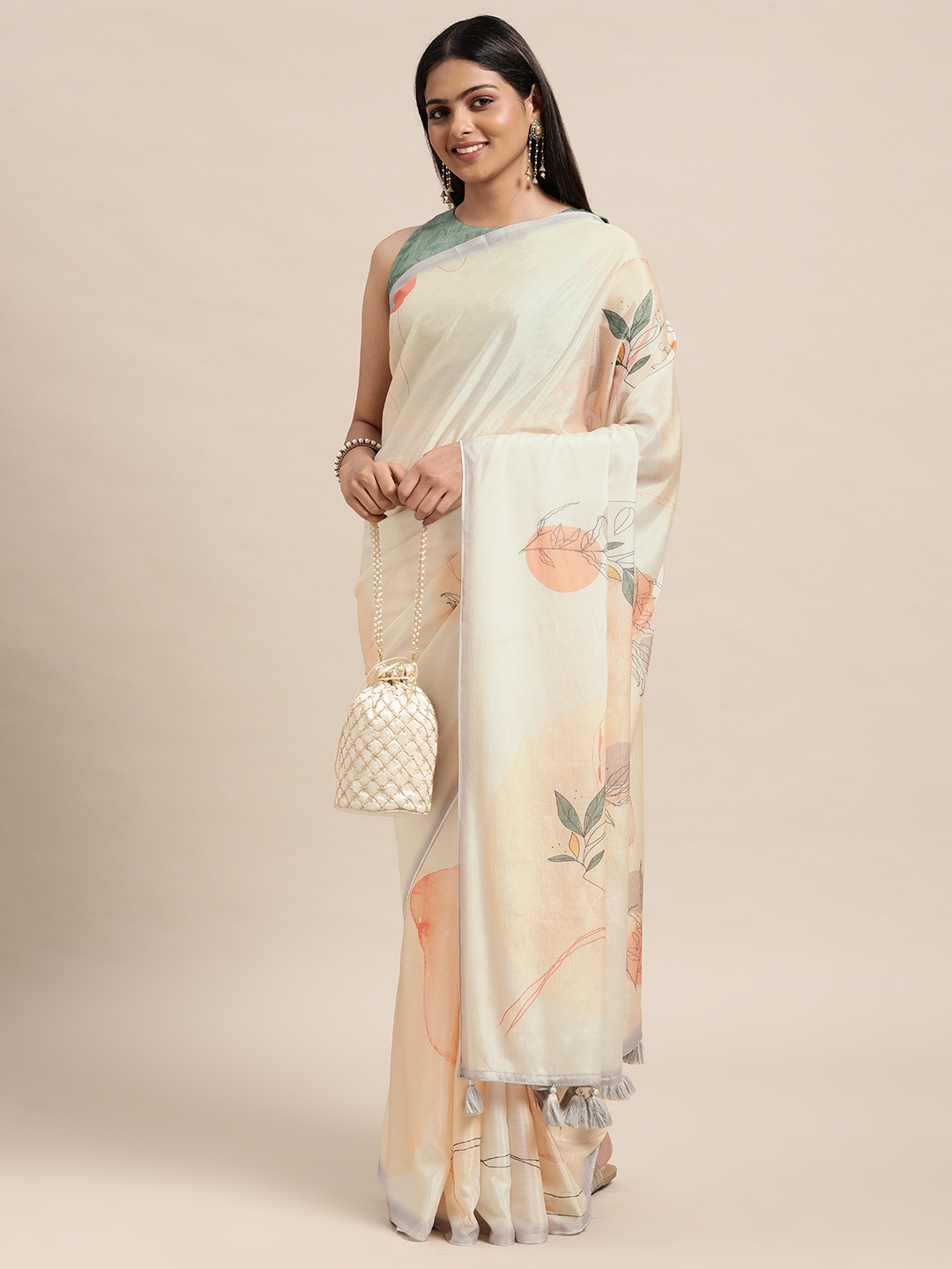 

Janasya Off White Printed Poly Chiffon Saree