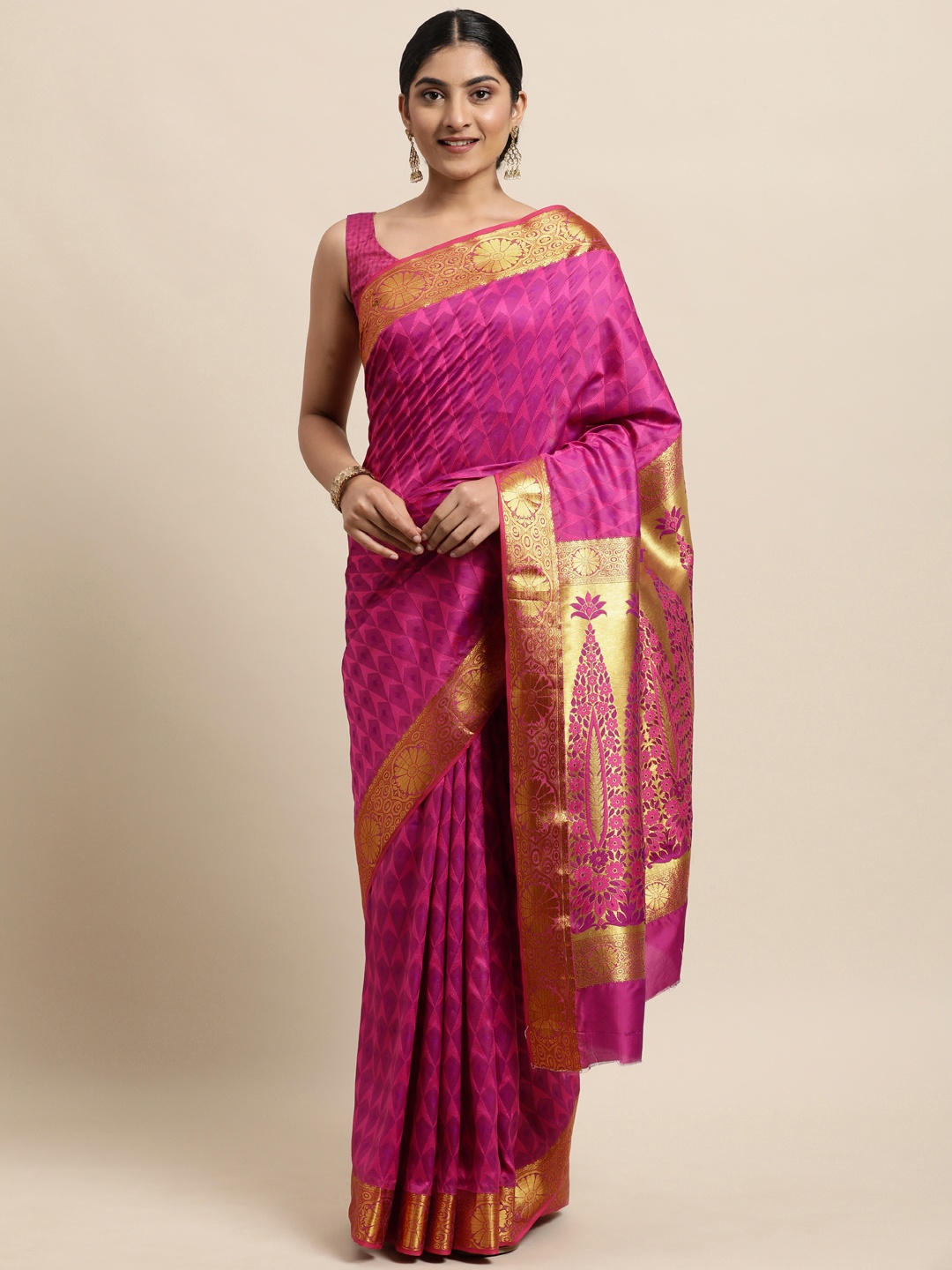 

Janasya Pink Woven Design Silk Cotton Heavy Work Saree