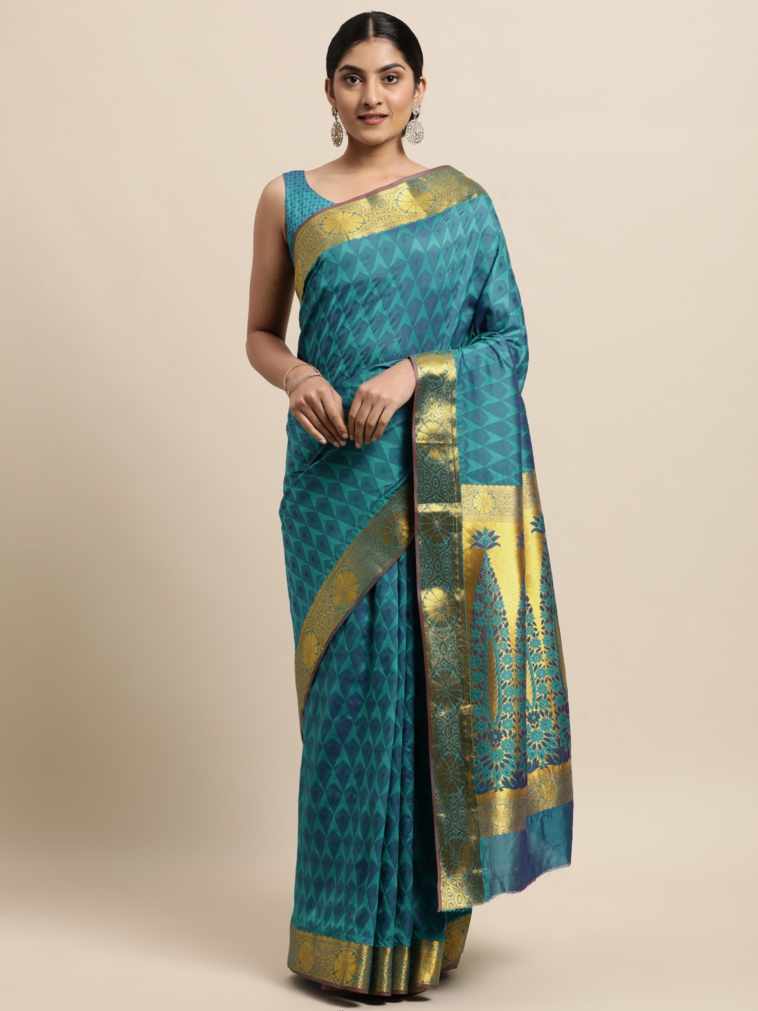 

Janasya Teal Blue Woven Design Silk Cotton Heavy Work Saree