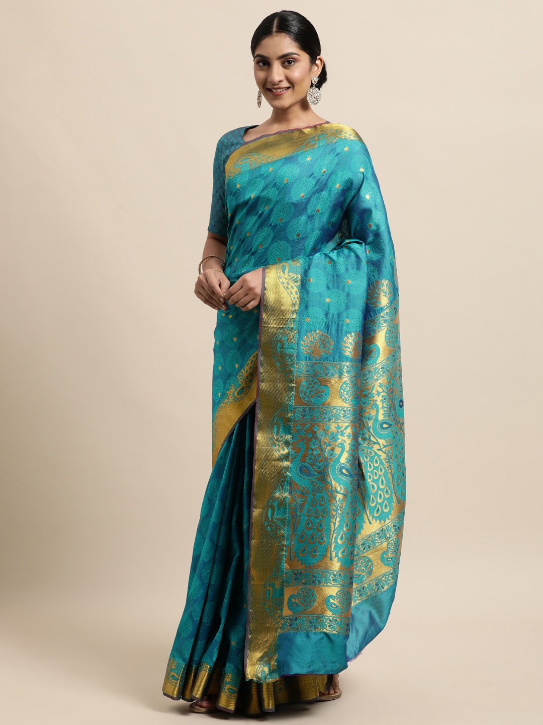 

Janasya Teal Blue Ethnic Motifs Woven Design Silk Cotton Heavy Work Saree