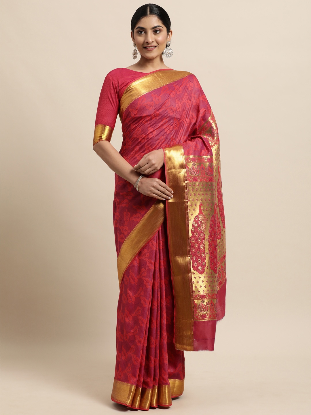 

Janasya Pink Ethnic Motifs Woven Design Silk Cotton Heavy Work Saree