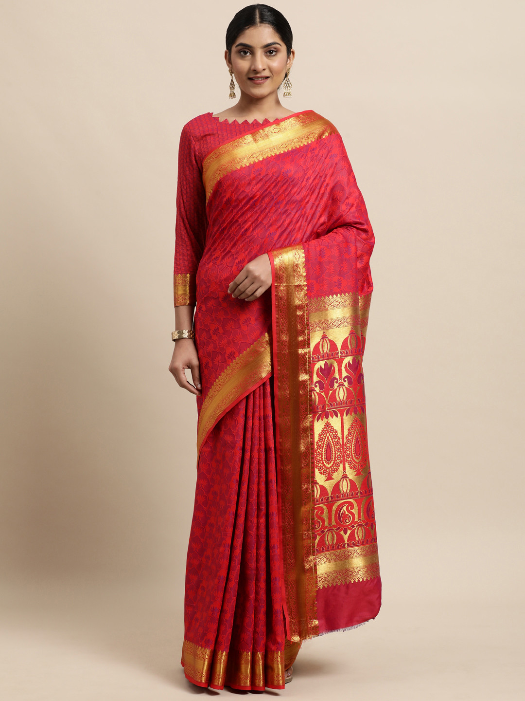 

Janasya Red Floral Woven Design Silk Cotton Heavy Work Saree