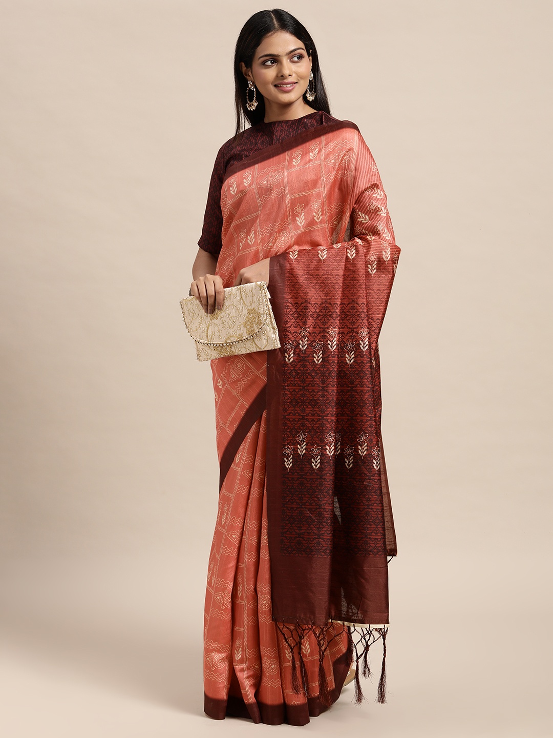 

Janasya Peach-Coloured & Beige Ethnic Motifs Silk Blend Bhagalpuri Saree