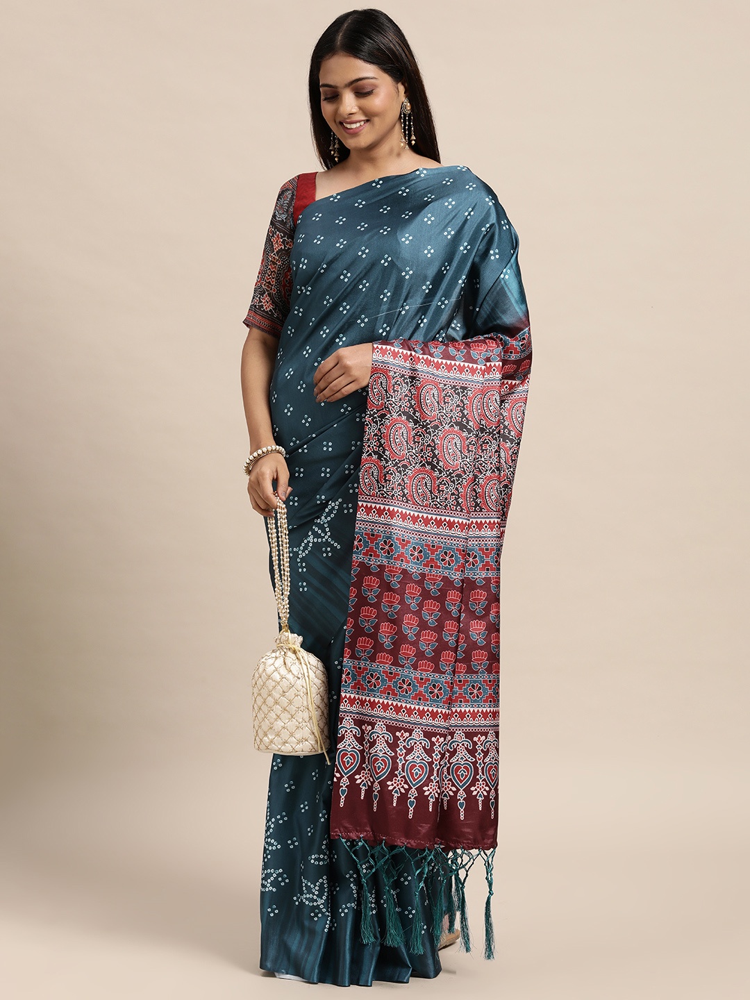 

Janasya Teal Blue & Maroon Satin Bandhani Saree
