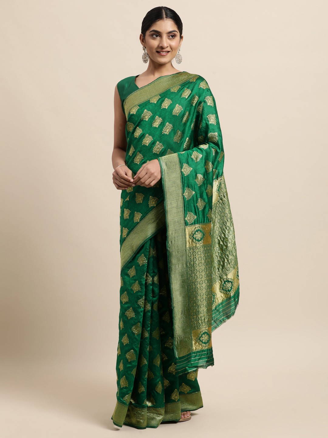 

Janasya Green Woven Design Silk Blend Heavy Work Banarasi Saree