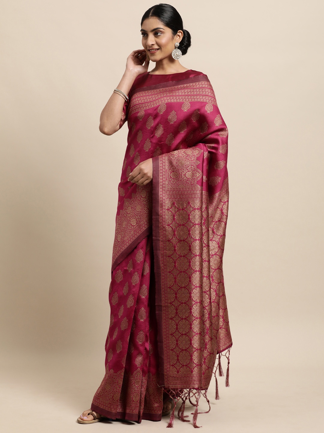 

Janasya Pink Woven Design Silk Blend Heavy Work Banarasi Saree