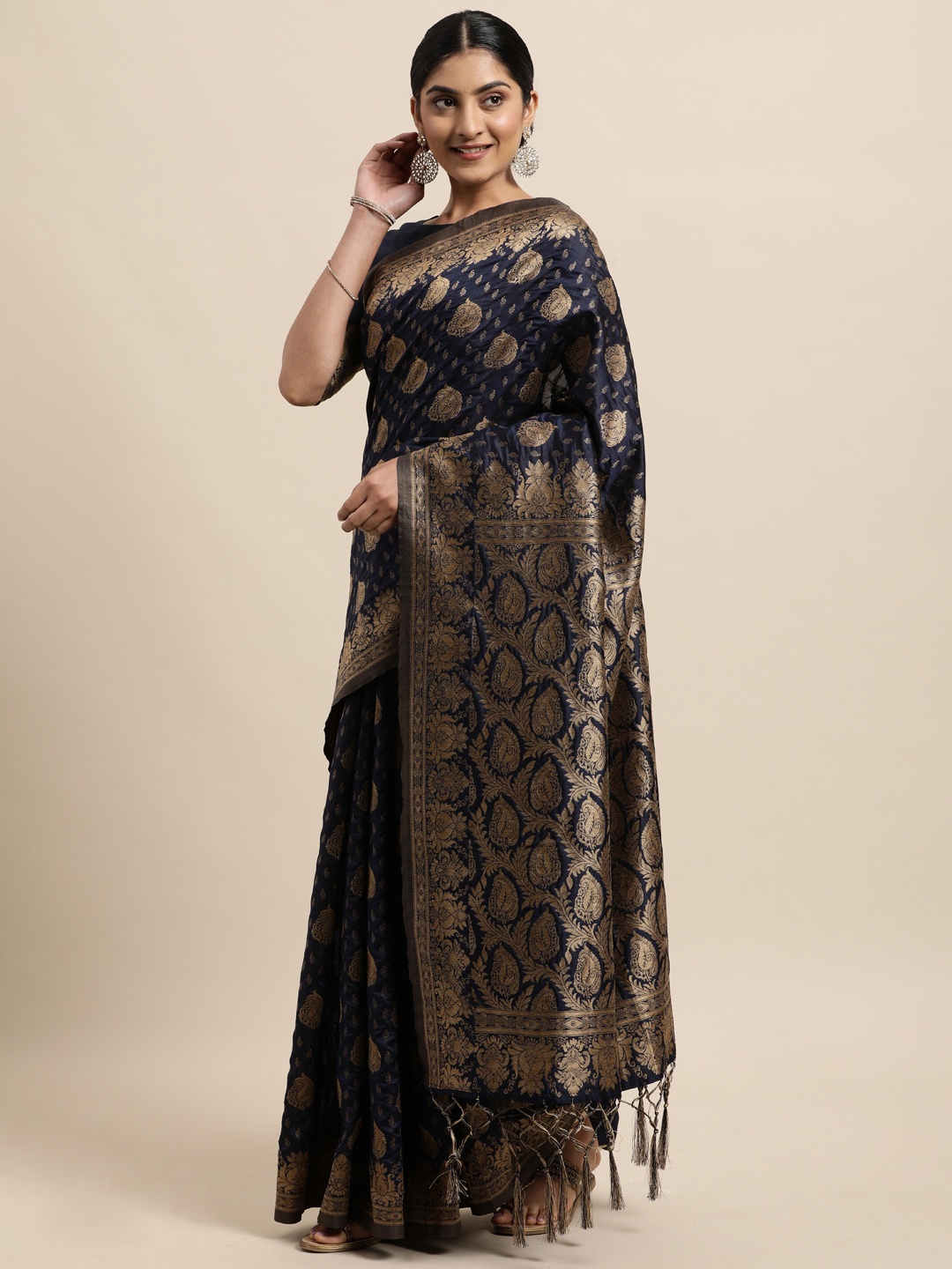 

Janasya Blue Woven Design Silk Blend Heavy Work Banarasi Saree