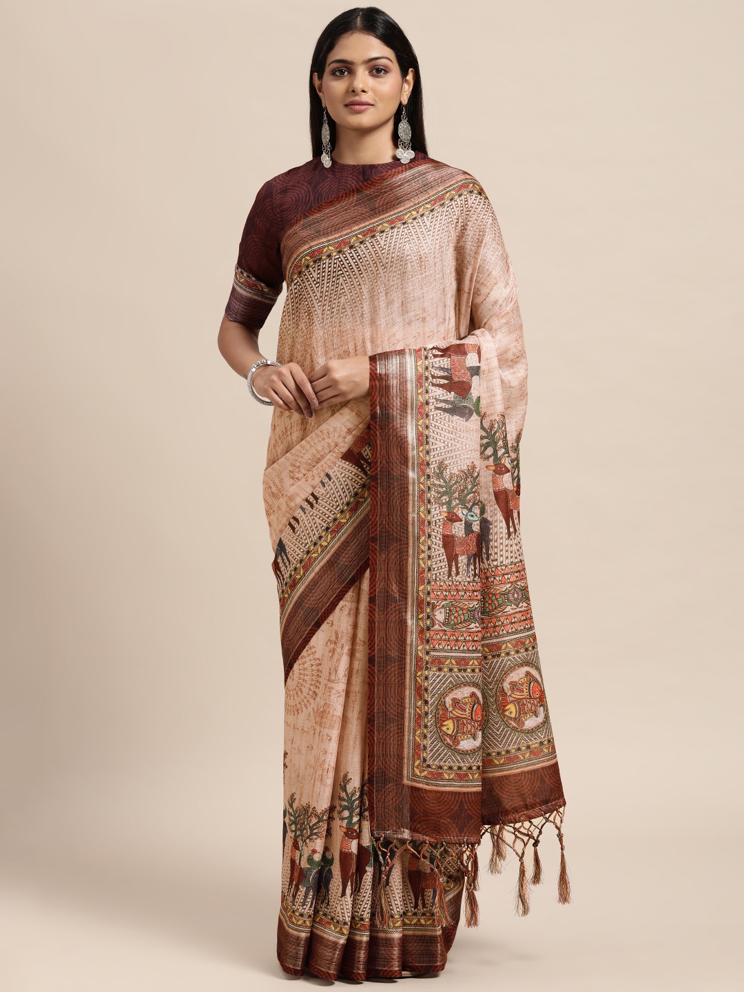 

Janasya Beige & Brown Printed Linen Blend Saree