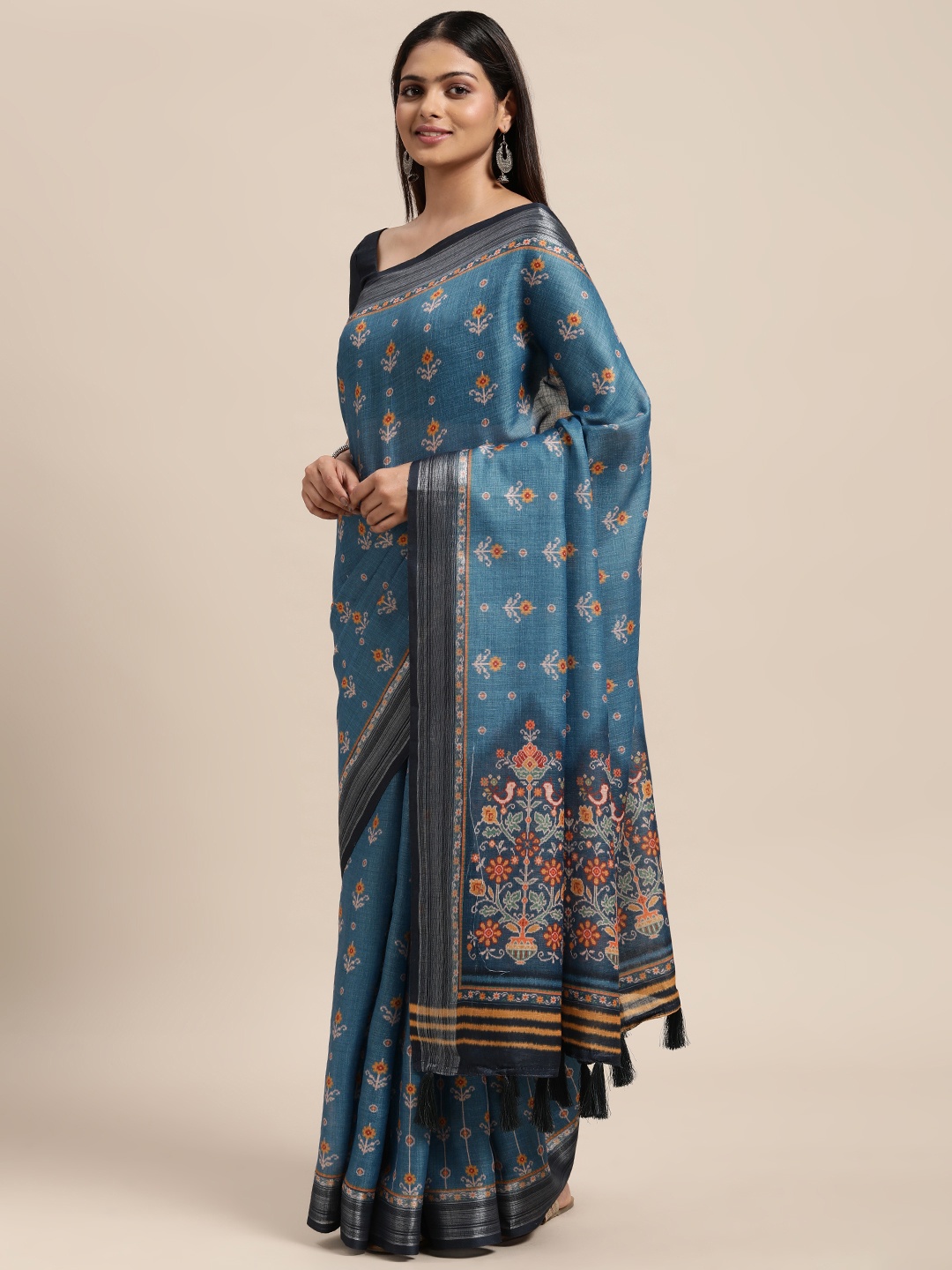 

Janasya Blue & Black Floral Print Linen Blend Saree