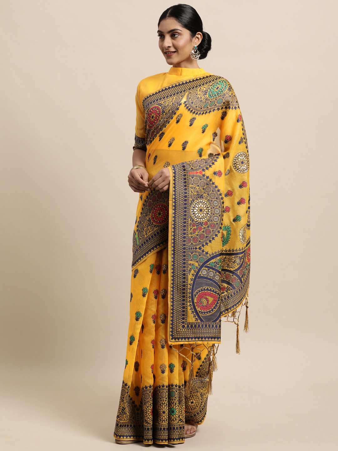 

Janasya Yellow Floral Woven Design Linen Blend Heavy Work Banarasi Saree