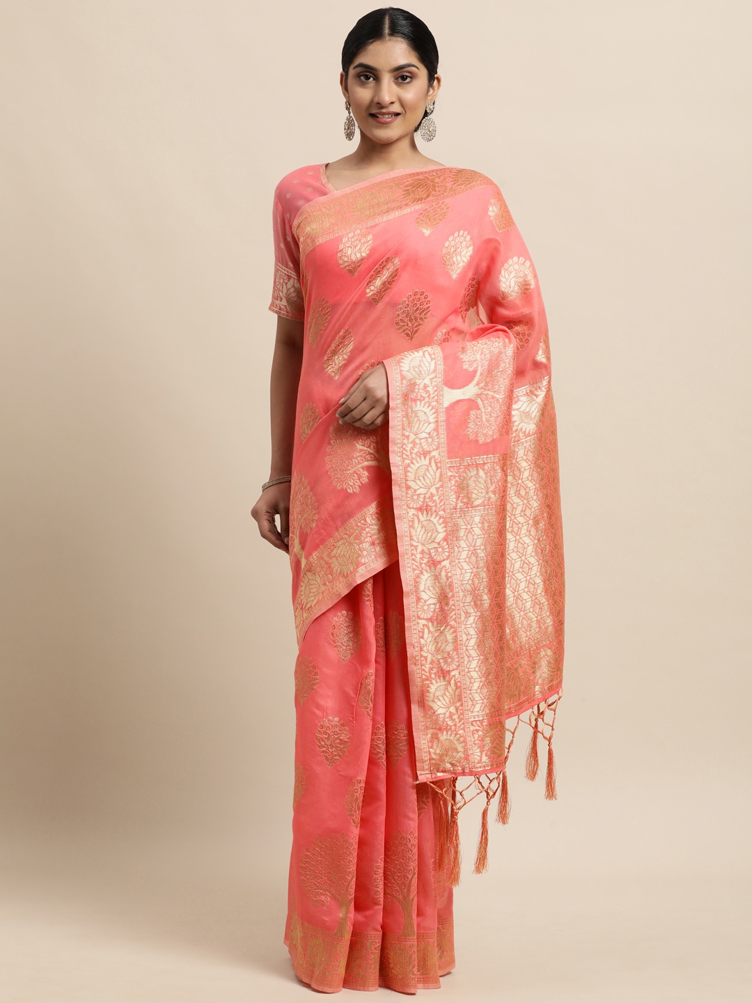 

Janasya Pink Ethnic Motifs Woven Design Linen Blend Kanjeevaram Saree