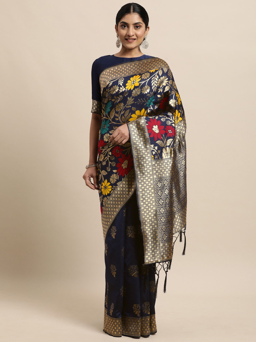 

Janasya Navy Blue Floral Woven Design Silk Cotton Heavy Work Kanjeevaram Saree