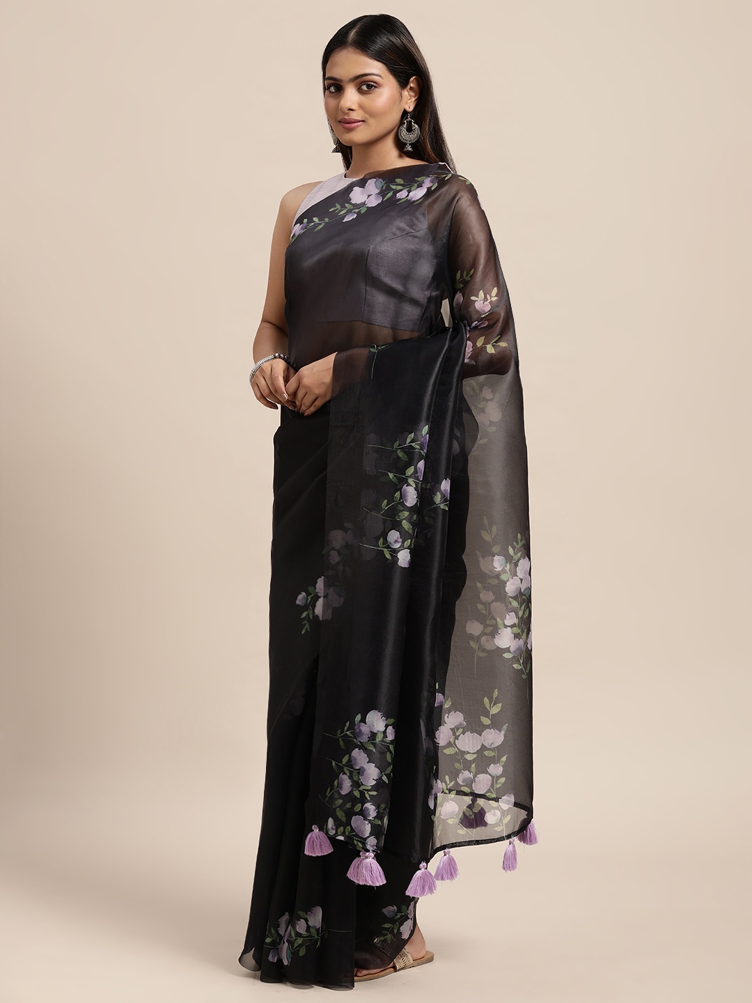 

Janasya Black & White Floral Print Organza Saree