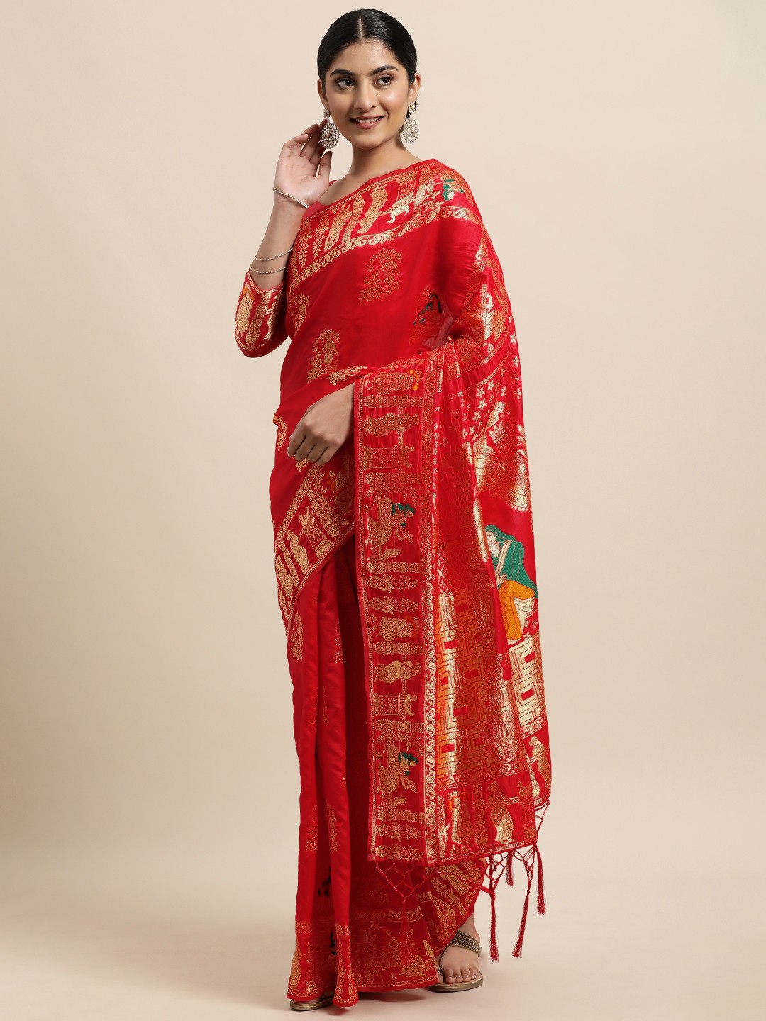 

Janasya Red Ethnic Motifs Woven Design Art Silk Heavy Work Saree