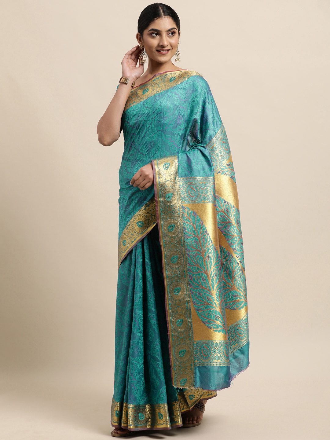 

Janasya Teal Ethnic Motifs Woven Design Silk Cotton Heavy Work Saree