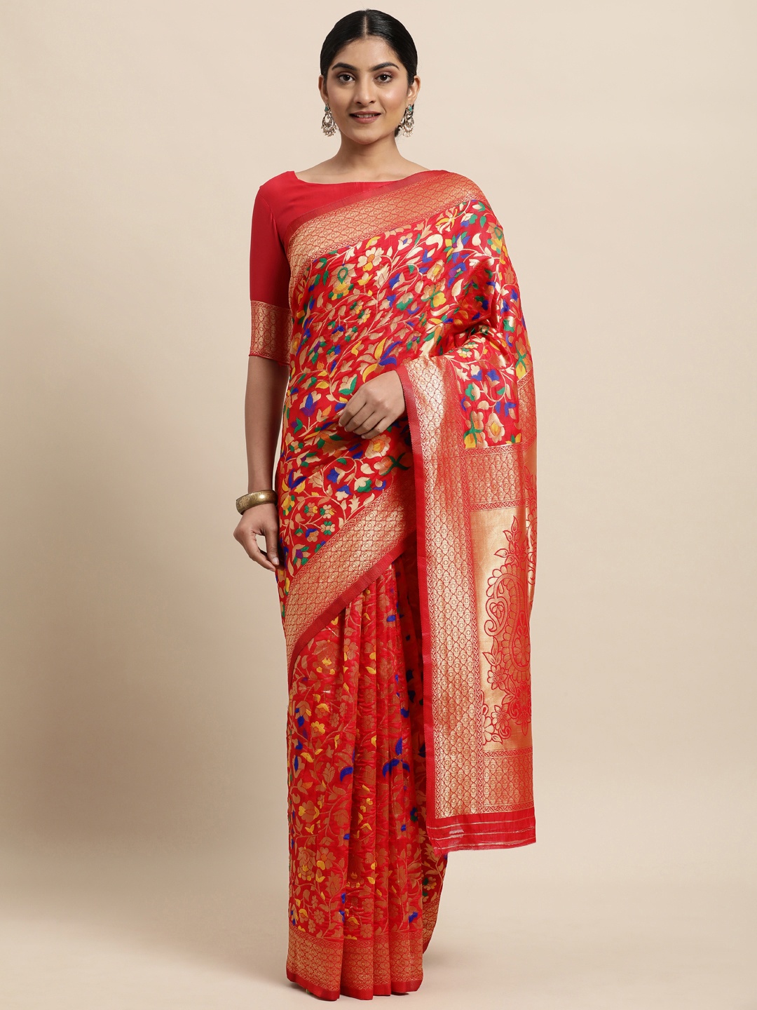 

Janasya Red Floral Woven Design Silk Blend Heavy Work Banarasi Saree