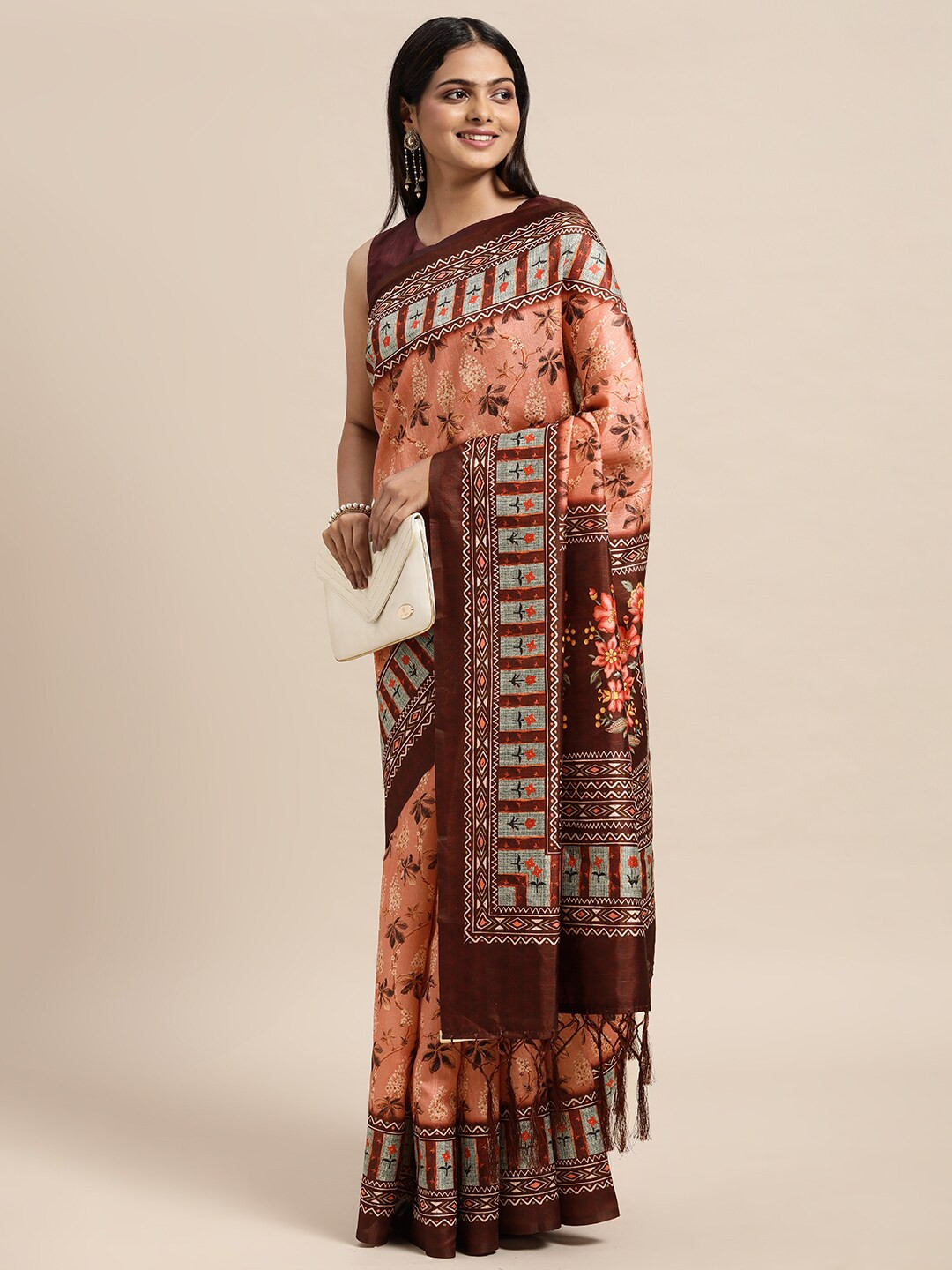 

Janasya Pink & Beige Ethnic Motifs Silk Blend Bhagalpuri Saree