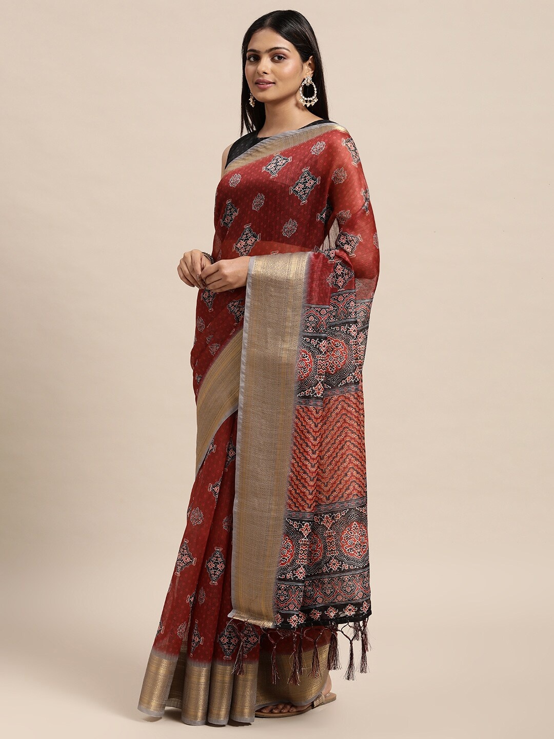 

Janasya Maroon & Black Ethnic Motifs Zari Silk Blend Chanderi Saree