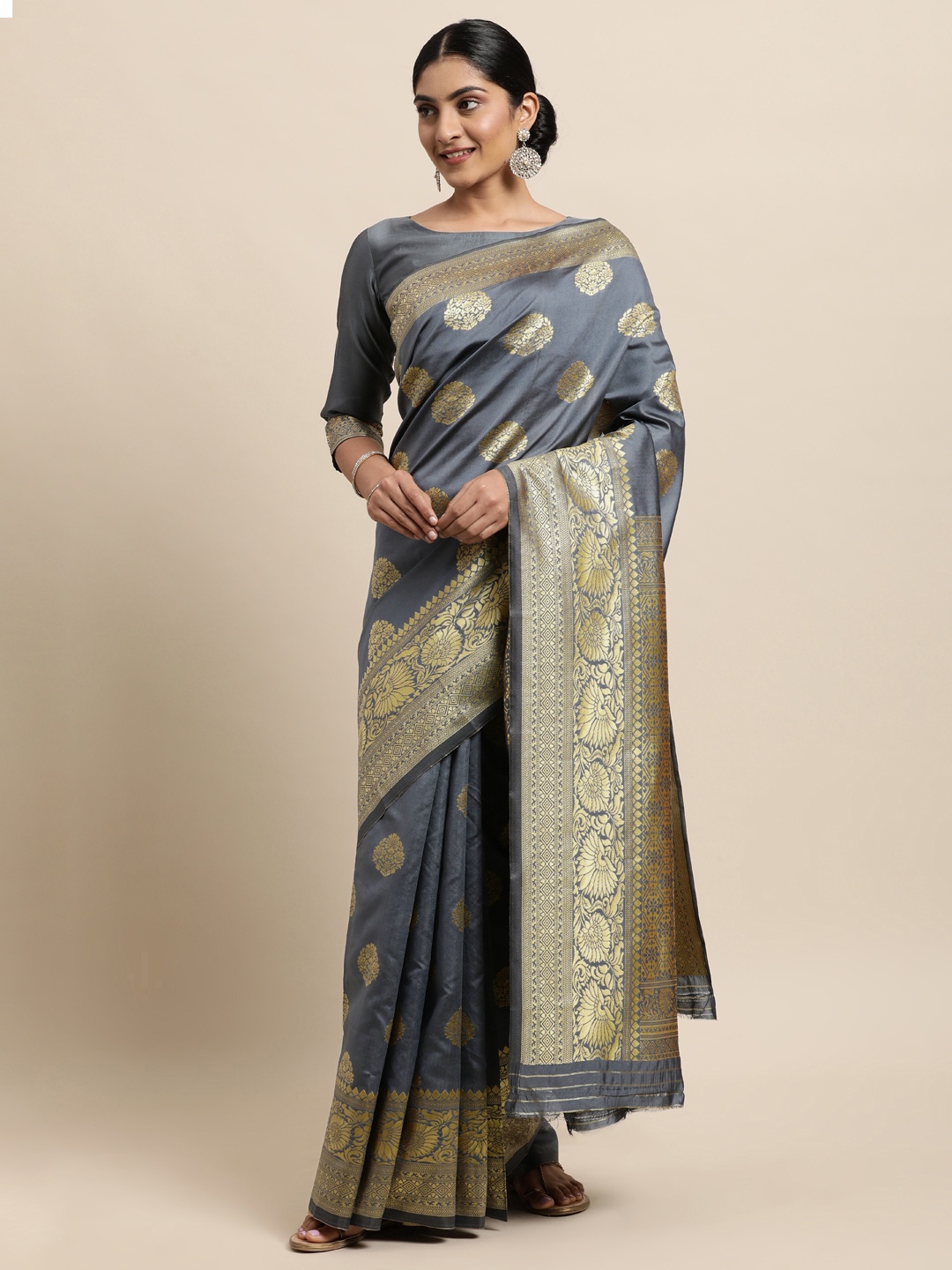 

Janasya Grey Woven Design Silk Blend Heavy Work Banarasi Saree