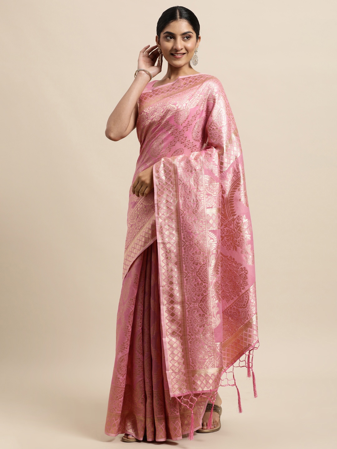 

Janasya Pink Woven Design Linen Blend Heavy Work Banarasi Saree