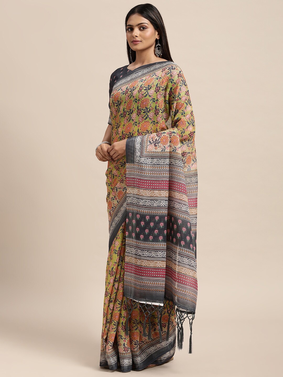 

Janasya Green & Black Floral Print Linen Blend Saree