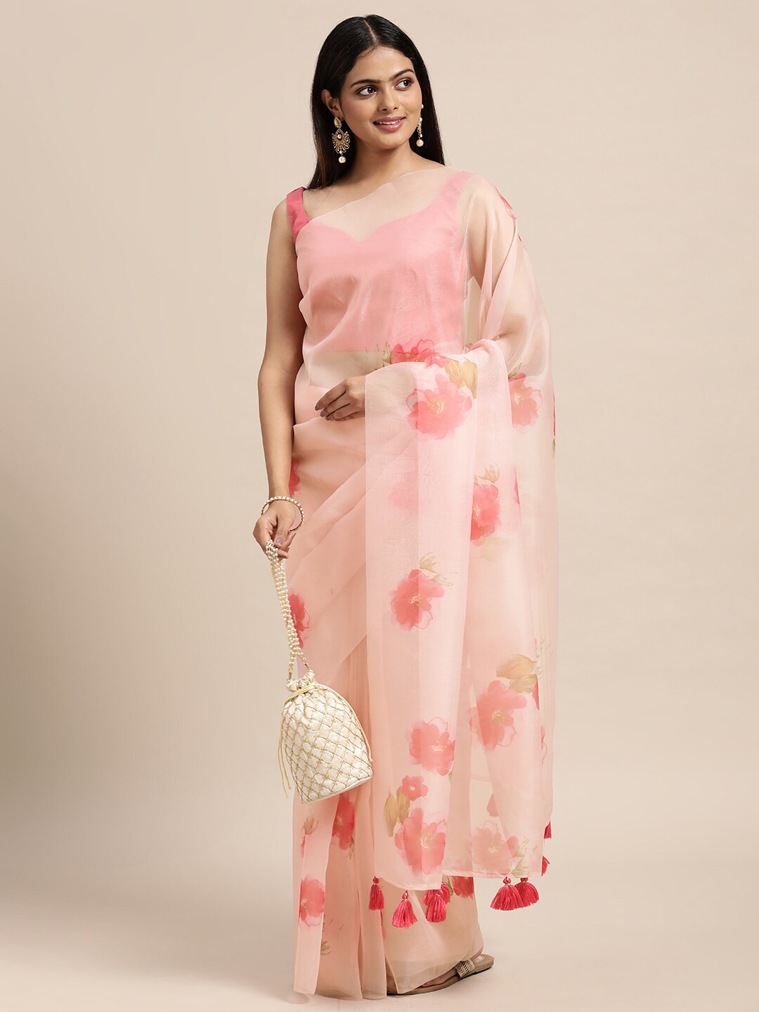 

Janasya Pink Floral Organza Saree