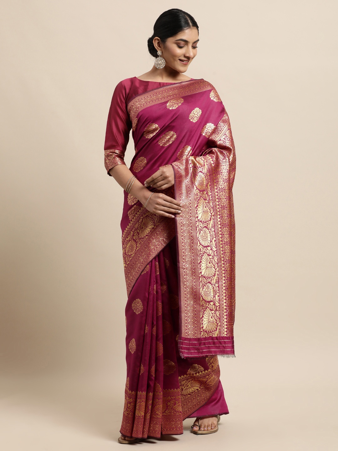 

Janasya Pink Floral Woven Design Silk Blend Heavy Work Banarasi Saree