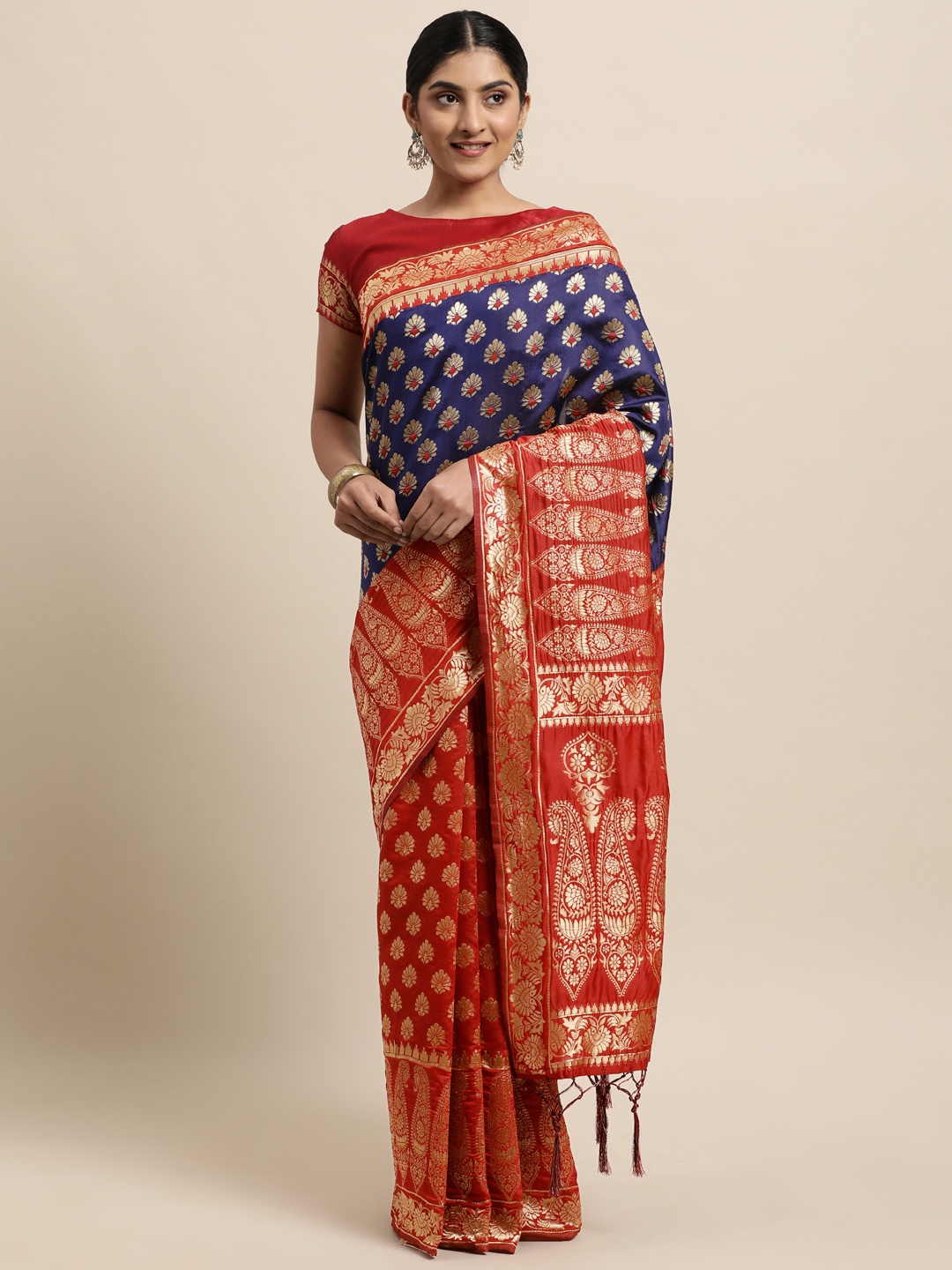 

Janasya Blue & Red Floral Woven Design Silk Blend Heavy Work Banarasi Saree
