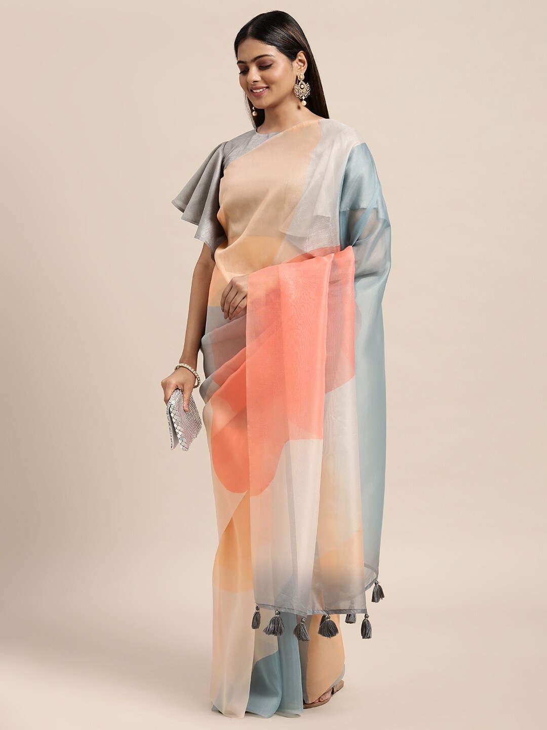 

Janasya Multicoloured Printed Organza Saree, Multi
